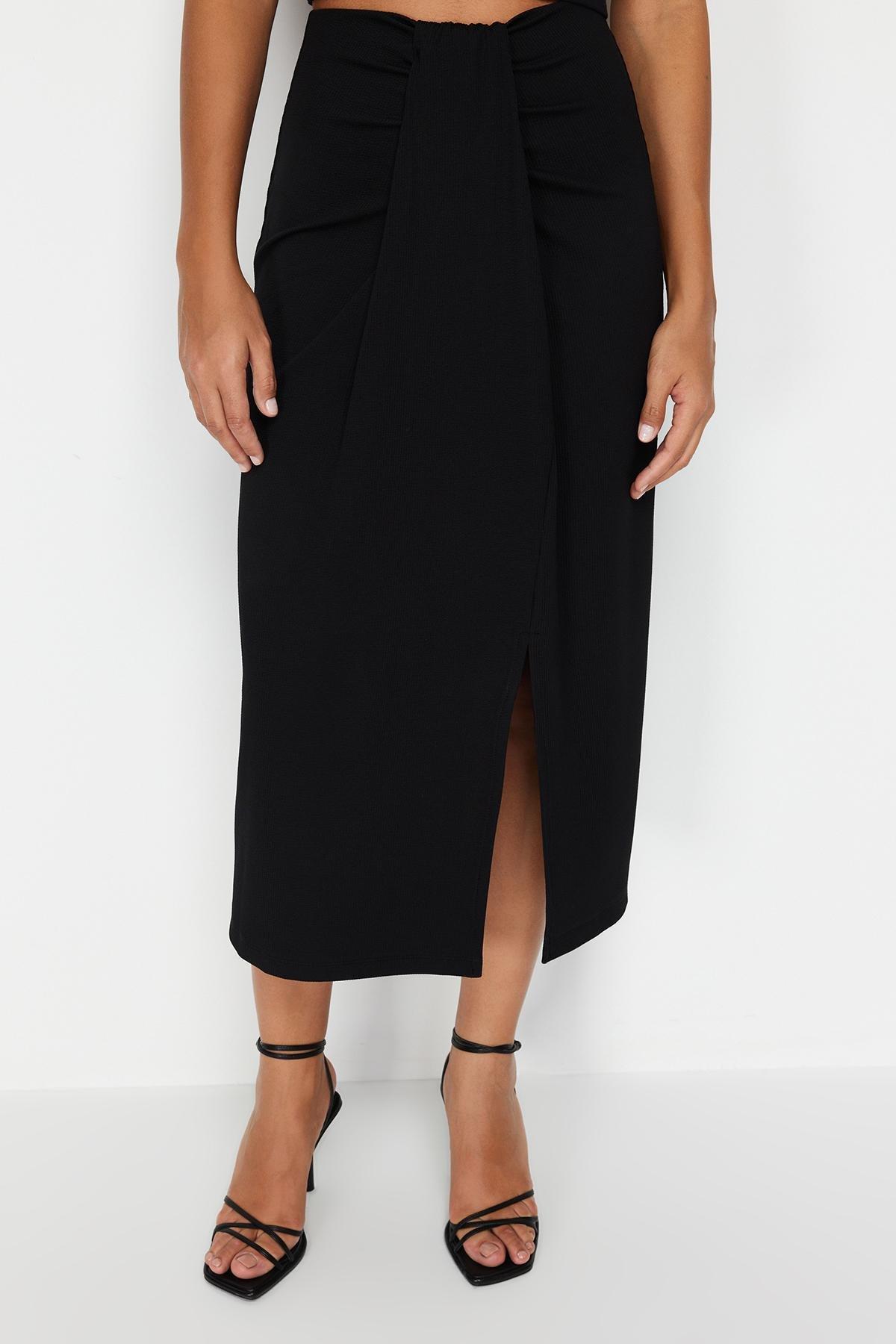 Black Gathered Detail Elastic Midi Skirt, , large image number 4