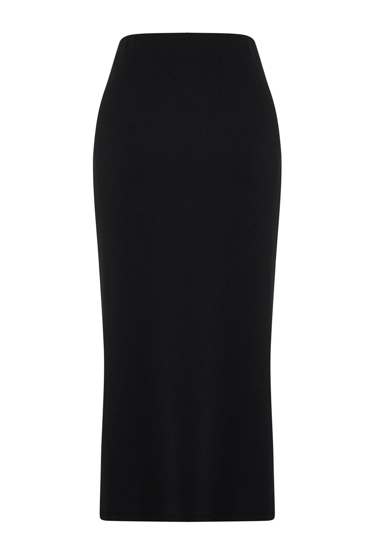 Black Gathered Detail Elastic Midi Skirt, , large image number 7