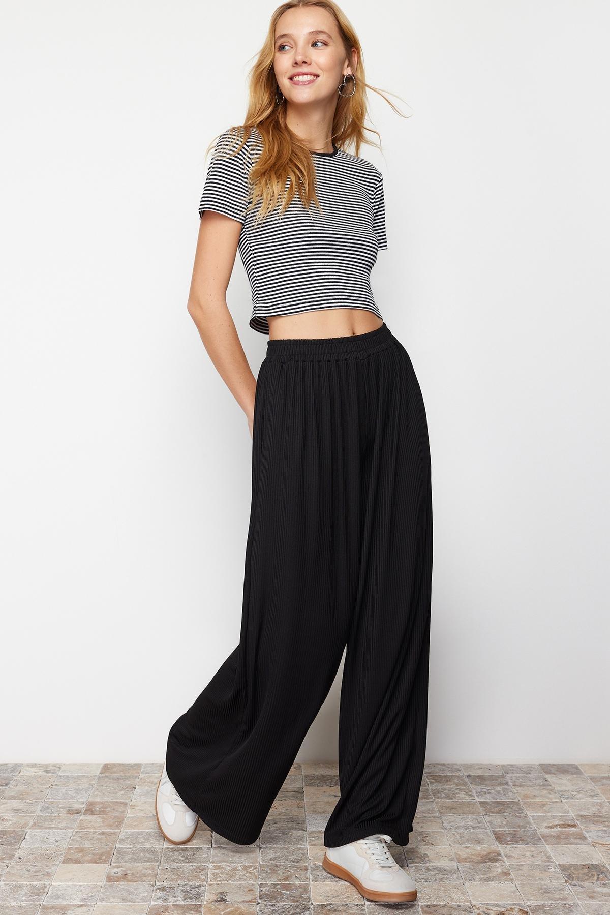 Black Wide Leg Ribbed Stretch Trousers, , large image number 0