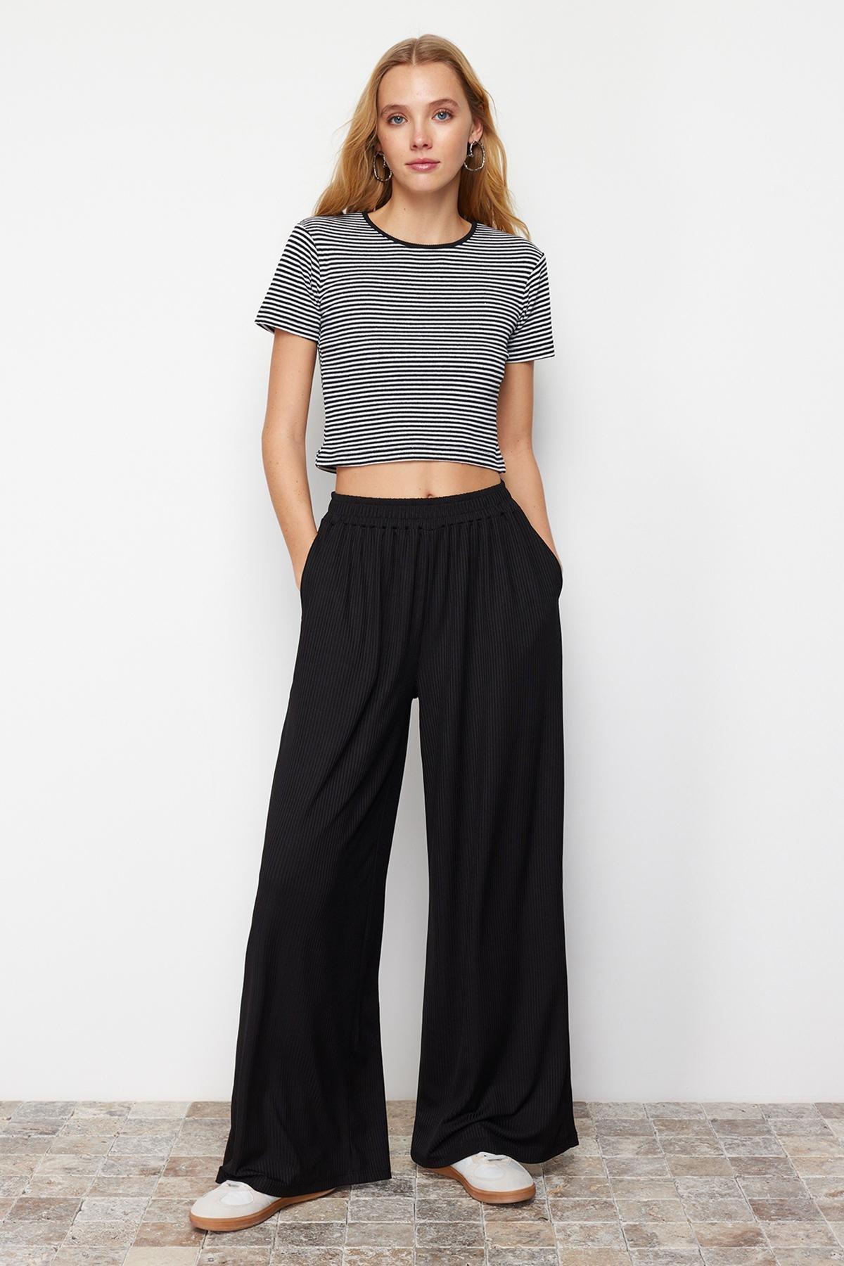 Black Wide Leg Ribbed Stretch Trousers, , large image number 1