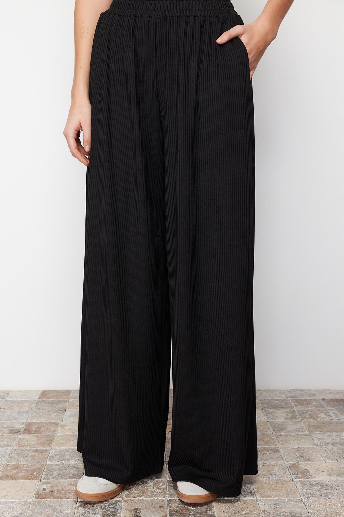 Black Wide Leg Ribbed Stretch Trousers, , large image number 3