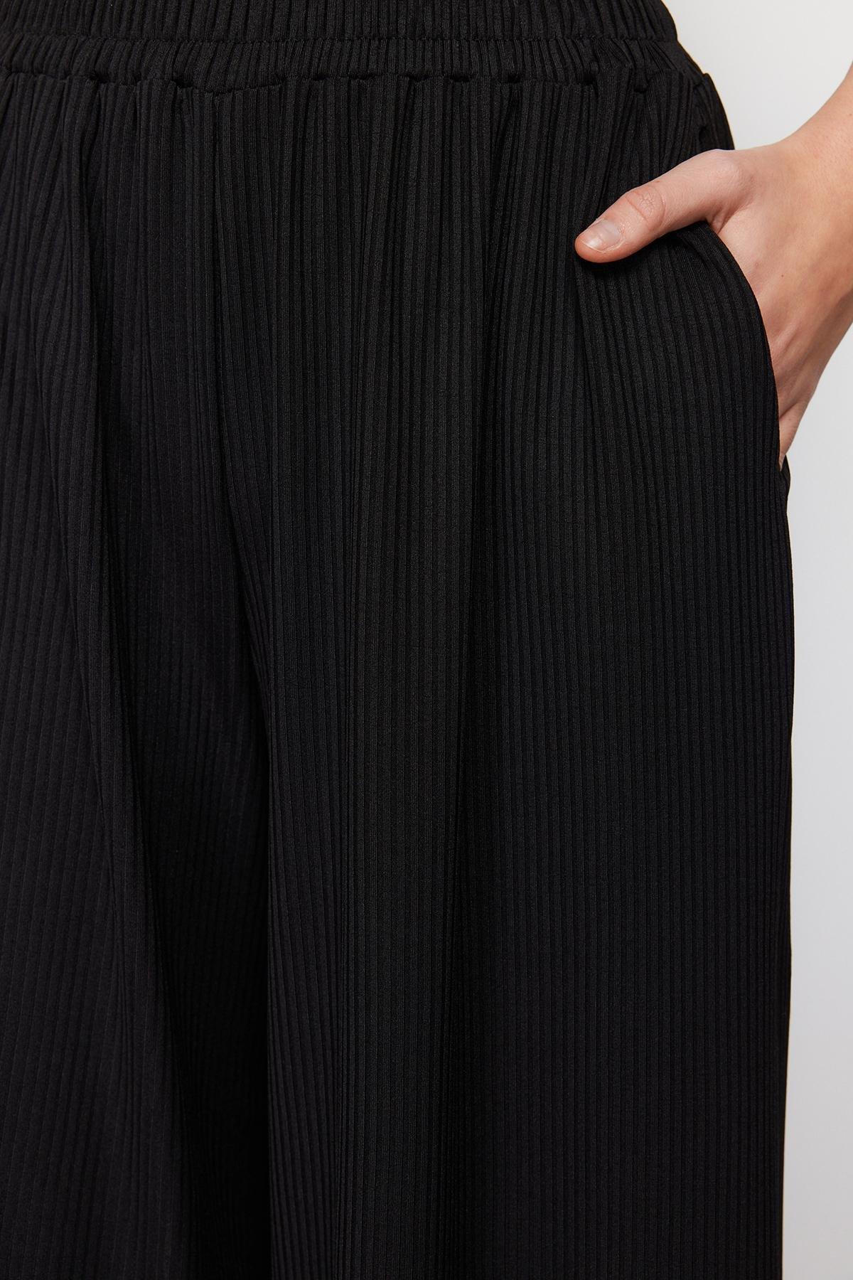 Black Wide Leg Ribbed Stretch Trousers, , large image number 4