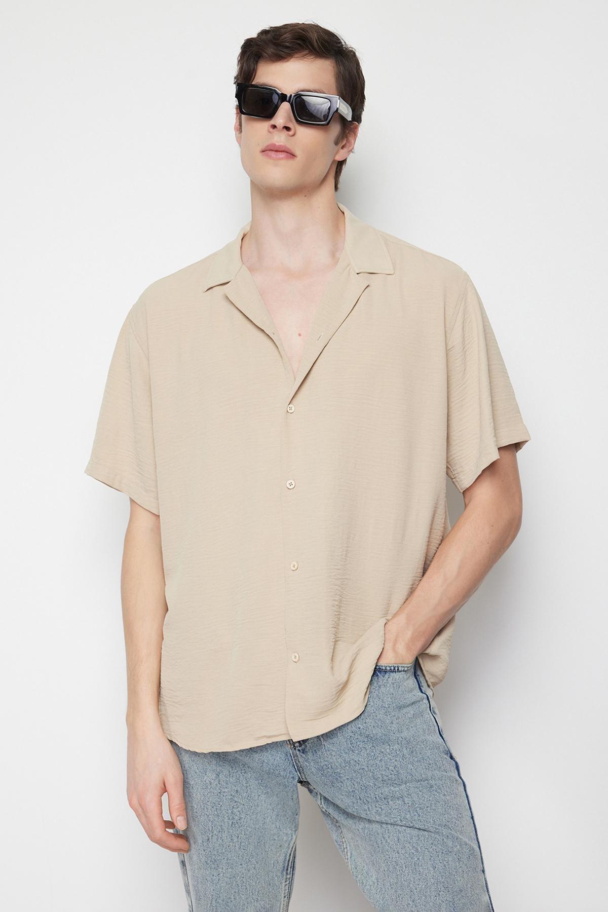 Beige Oversize Short Sleeve Shirt, , medium