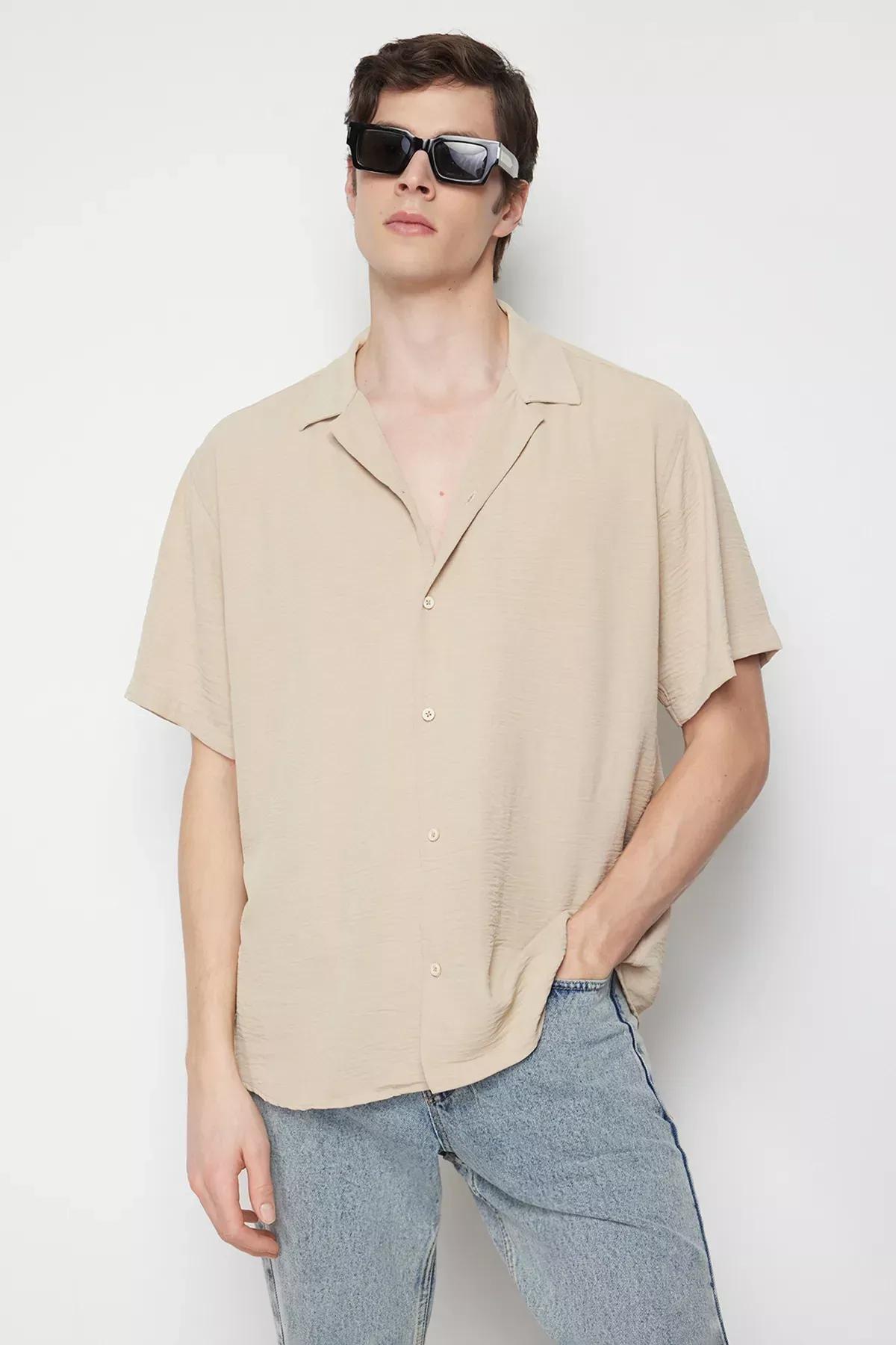 Beige Oversize Short Sleeve Shirt, STONE, medium