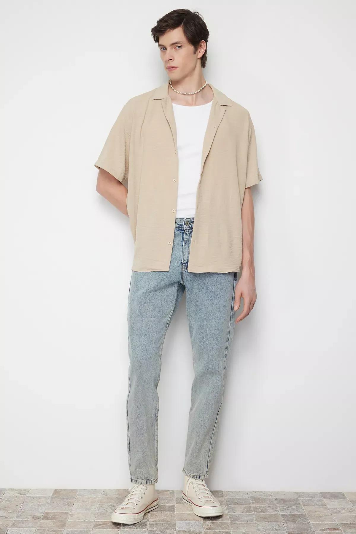 Beige Oversize Short Sleeve Shirt, STONE, medium