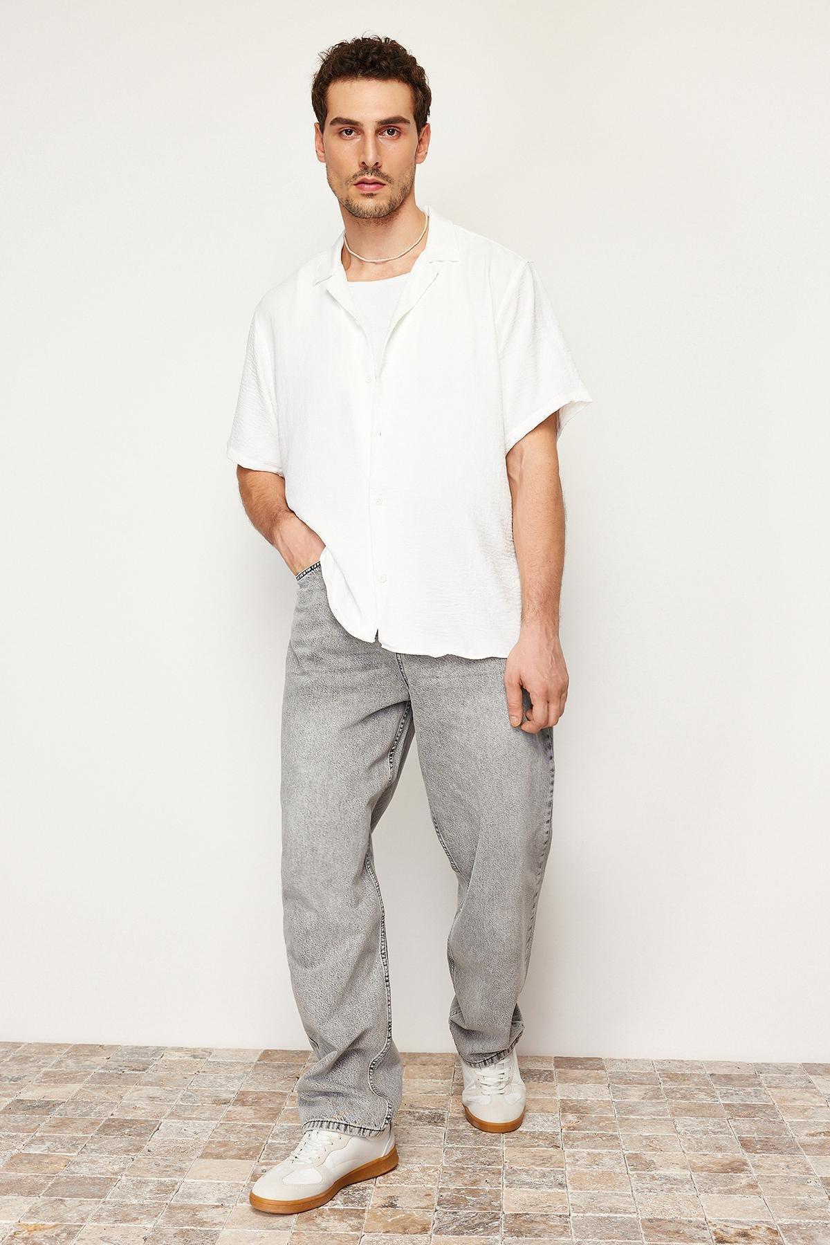 White Oversize Summer Short-Sleeve Linen Shirt, , large image number 0