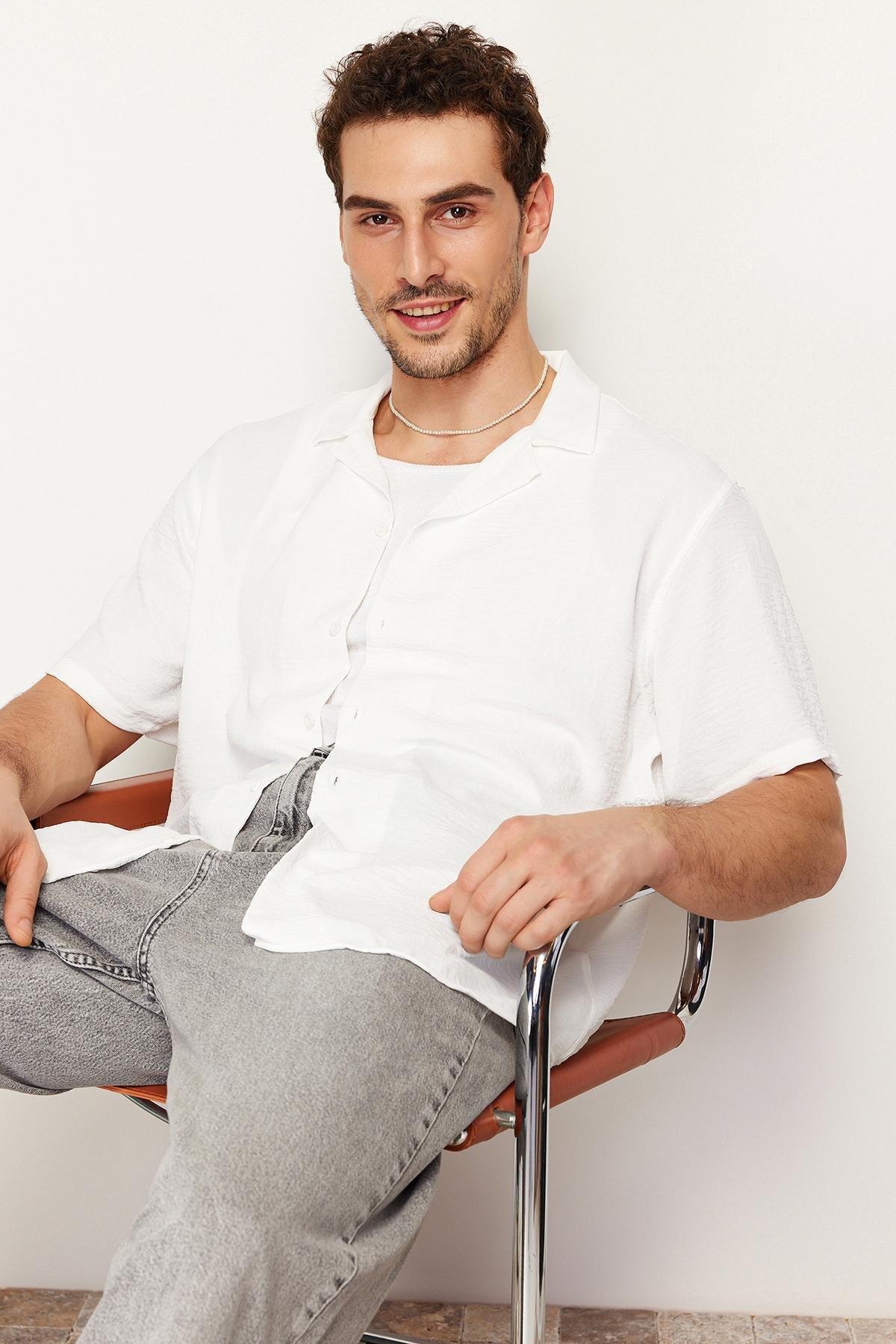 White Oversize Summer Short-Sleeve Linen Shirt, , large image number 1