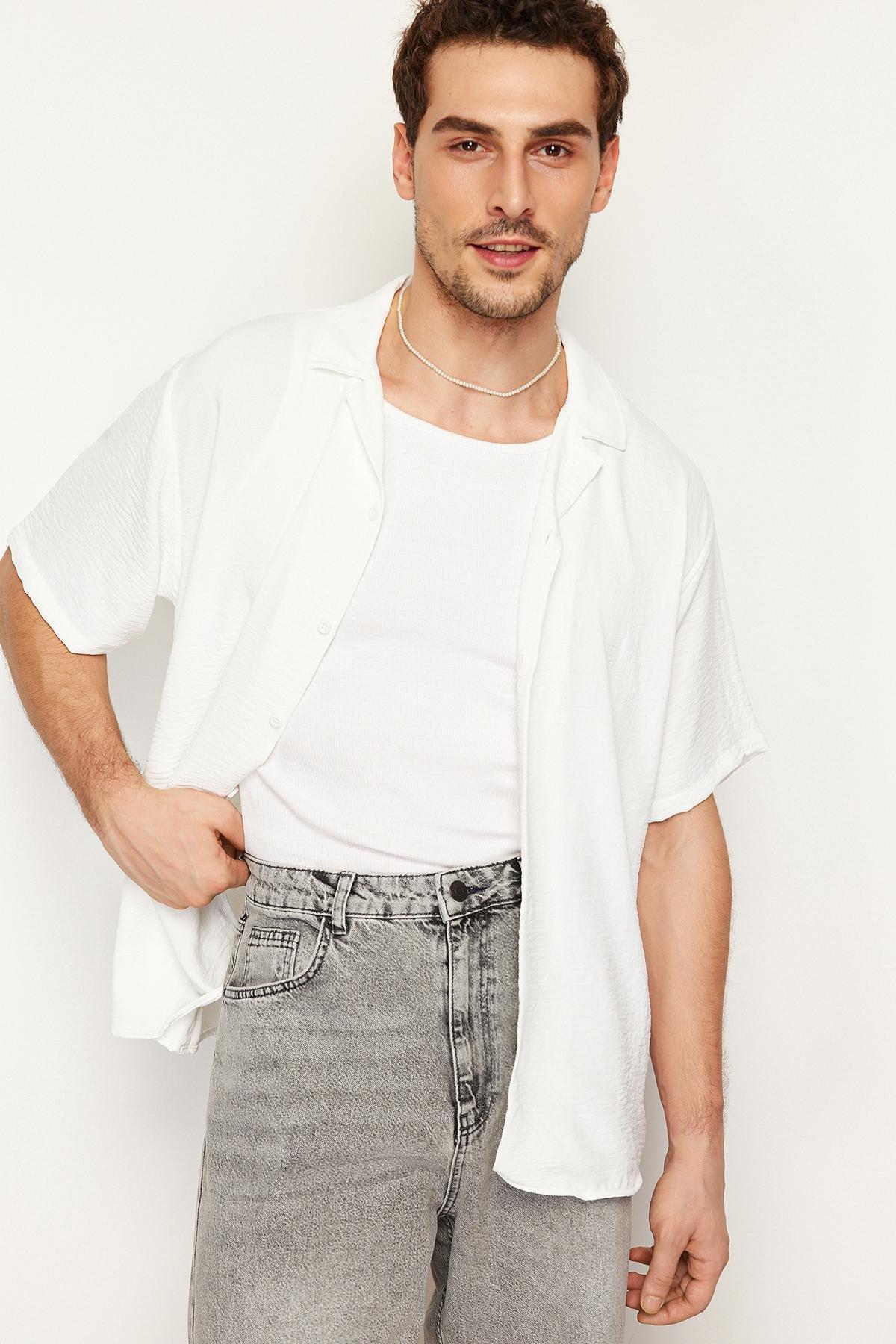 White Oversize Summer Short-Sleeve Linen Shirt, , large image number 2