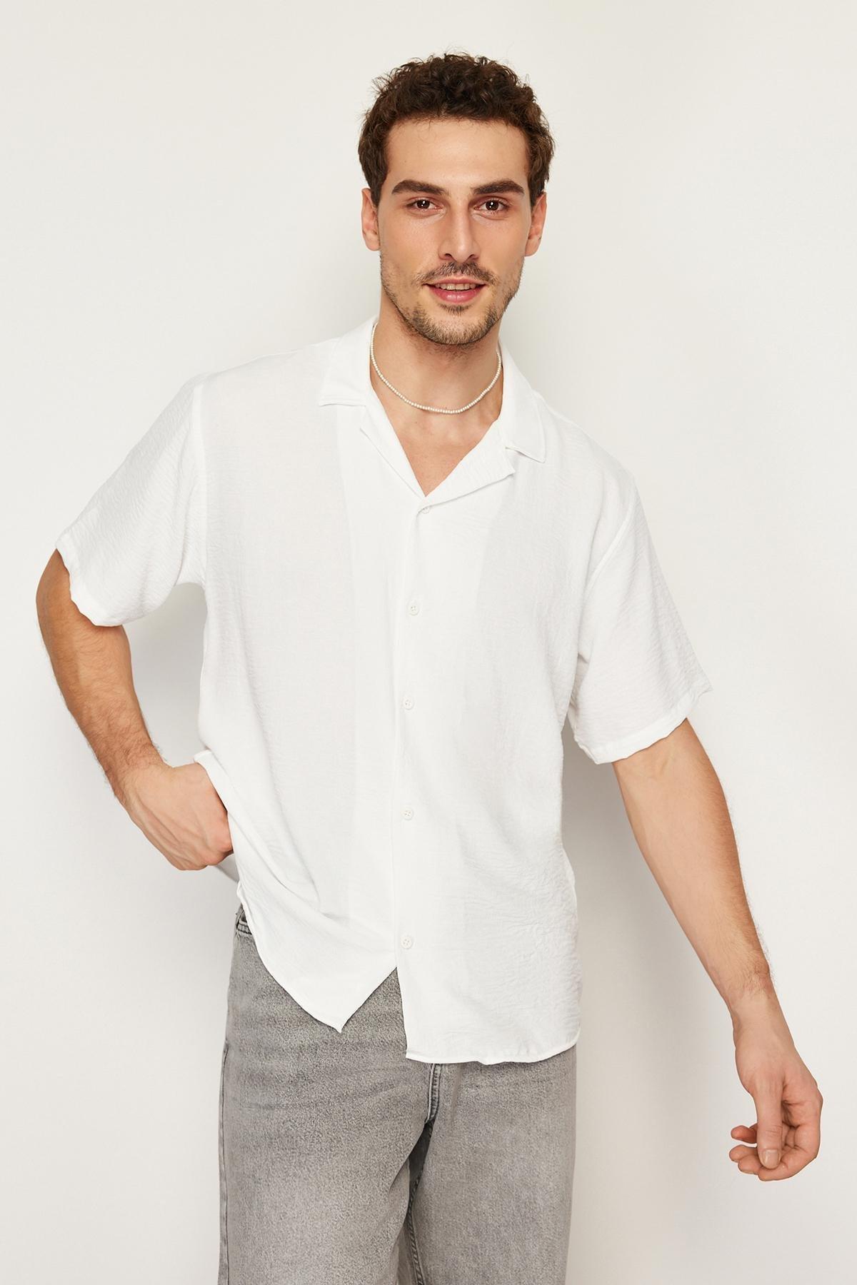 White Oversize Summer Short-Sleeve Linen Shirt, , large image number 3