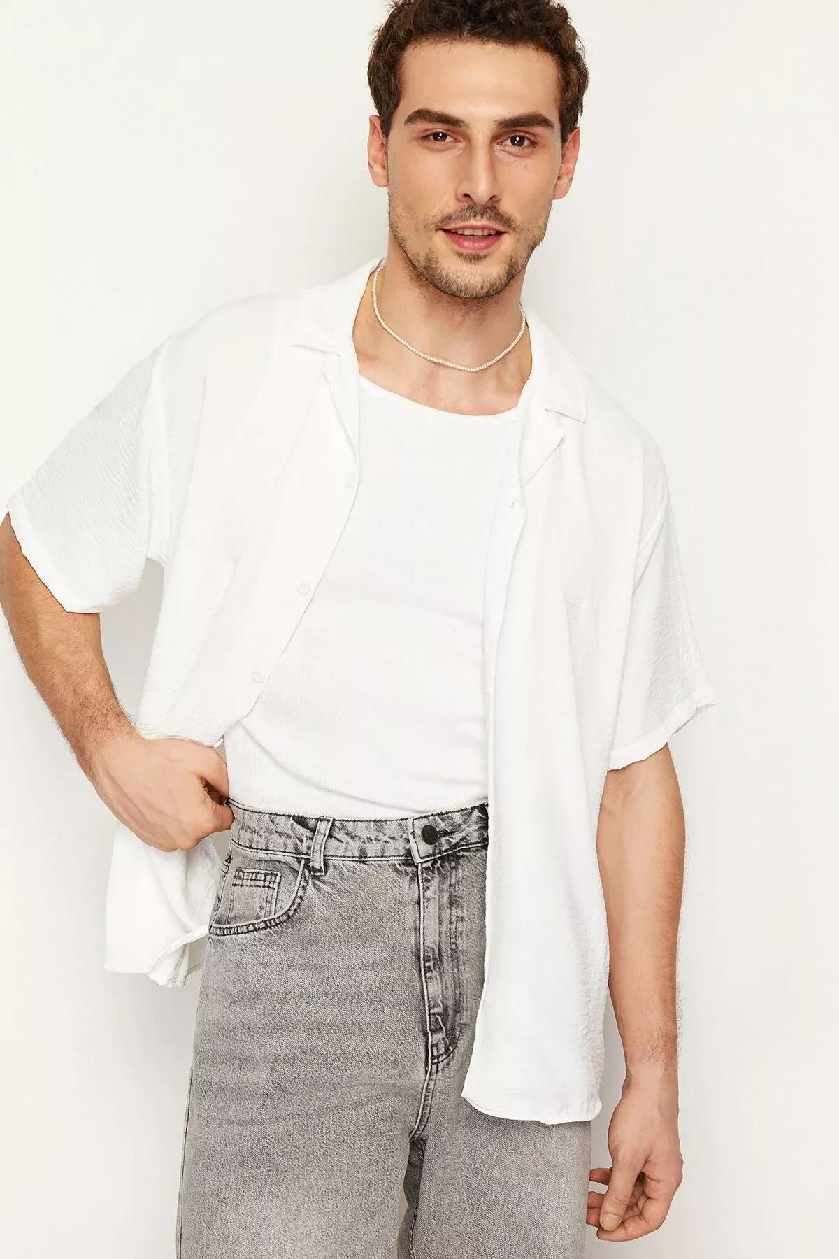 قميص صيفي كتان بأكمام قصيرة وقصة فضفاضة، أبيض, White, large image number 3