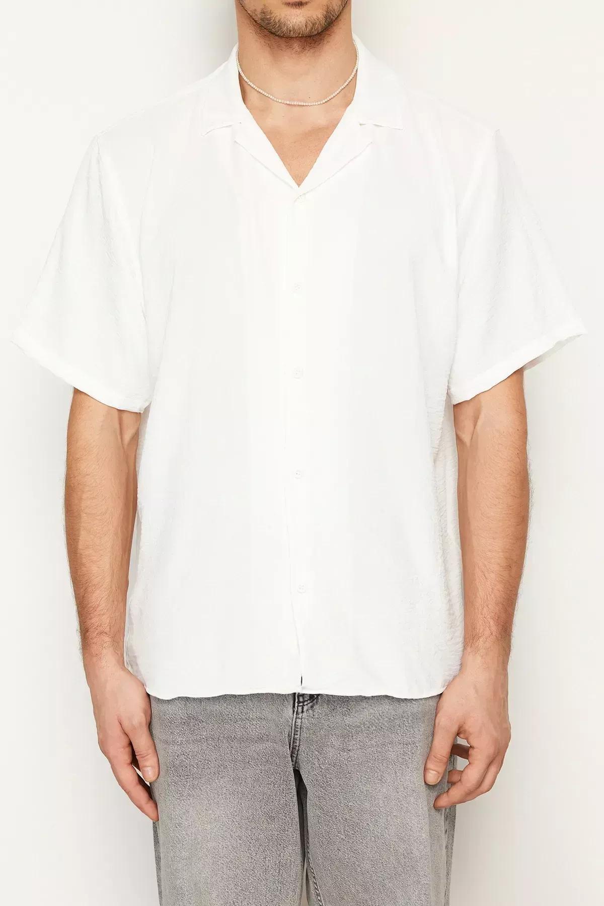 قميص صيفي كتان بأكمام قصيرة وقصة فضفاضة، أبيض, White, large image number 4