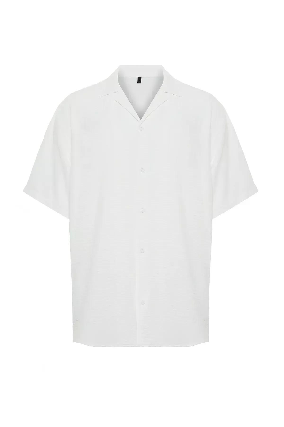 قميص صيفي كتان بأكمام قصيرة وقصة فضفاضة، أبيض, White, large image number 5