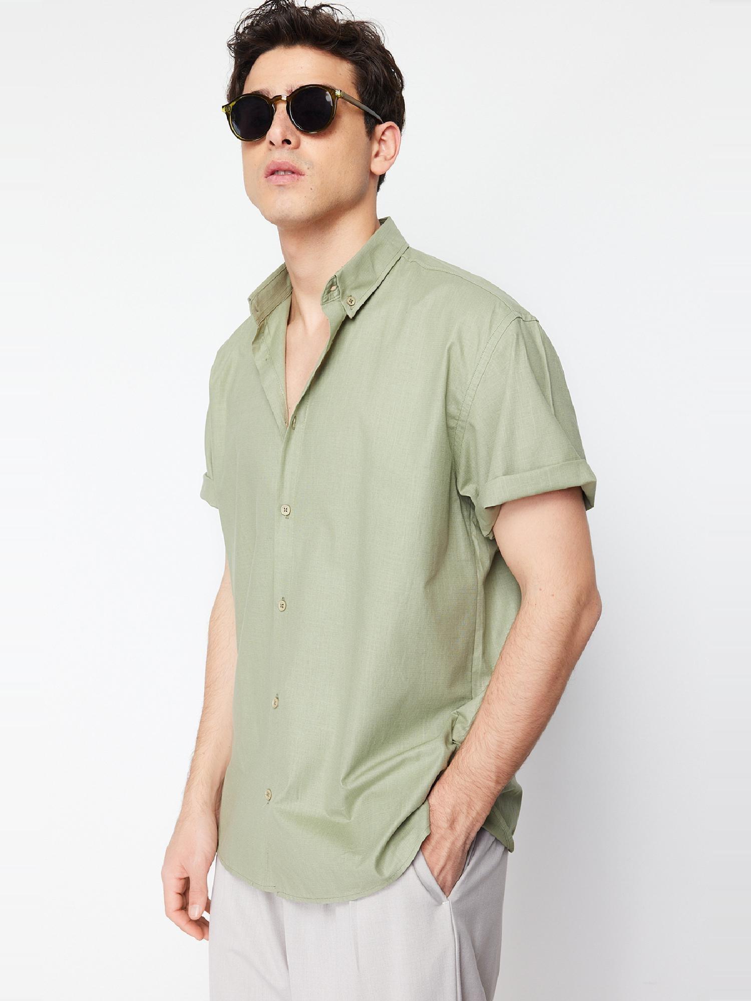 Khaki Oversize Fit Shirt Collar Short Sleeve 100% Cotton Shirt TMNSS24GO00029, single, , large image number 0