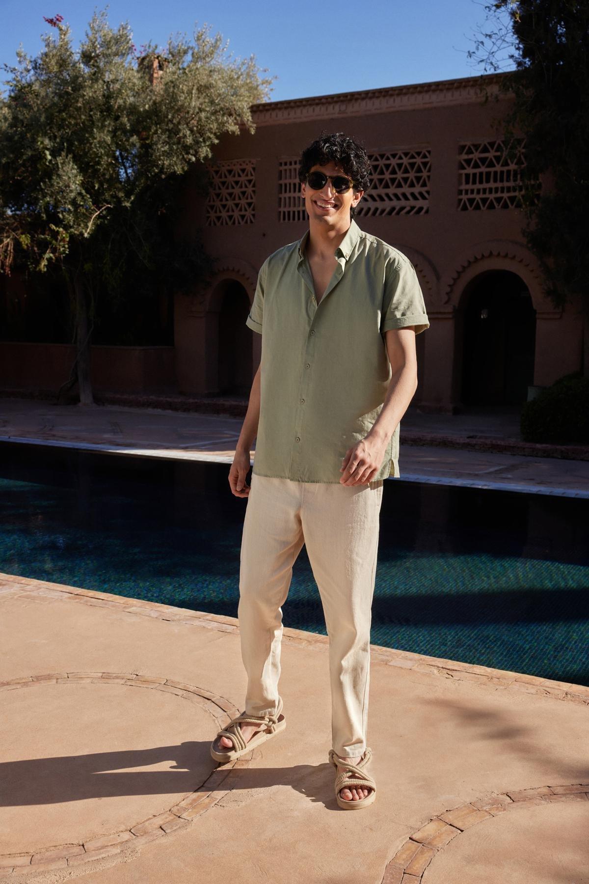 Khaki Oversize Fit Shirt Collar Short Sleeve 100% Cotton Shirt TMNSS24GO00029, single, , large image number 1