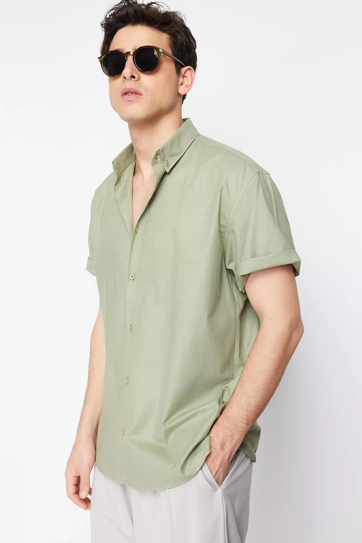 Green Oversize Shirt Collar Short Sleeve Shirt, Khaki, medium