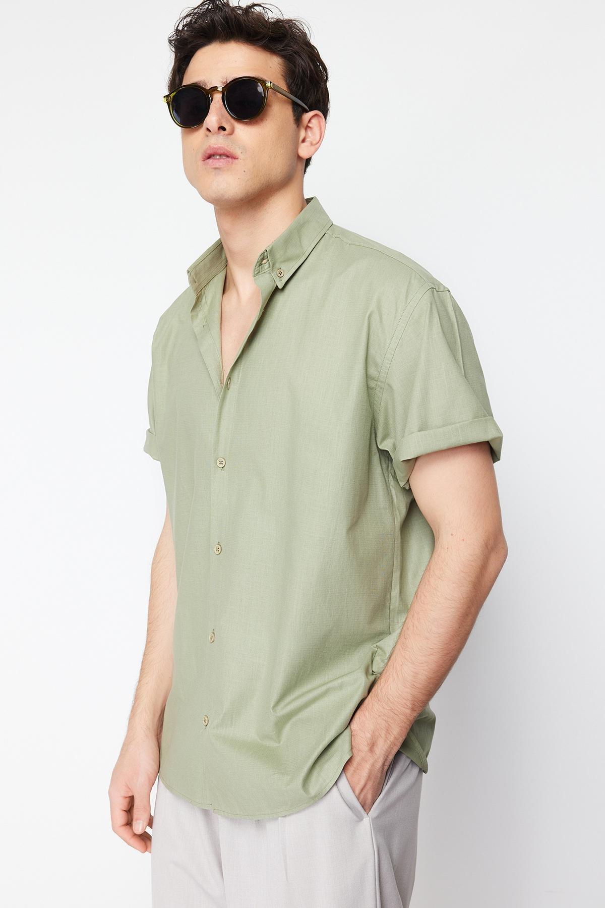 Khaki Oversize Fit Shirt Collar Short Sleeve 100% Cotton Shirt TMNSS24GO00029, single, , large image number 3