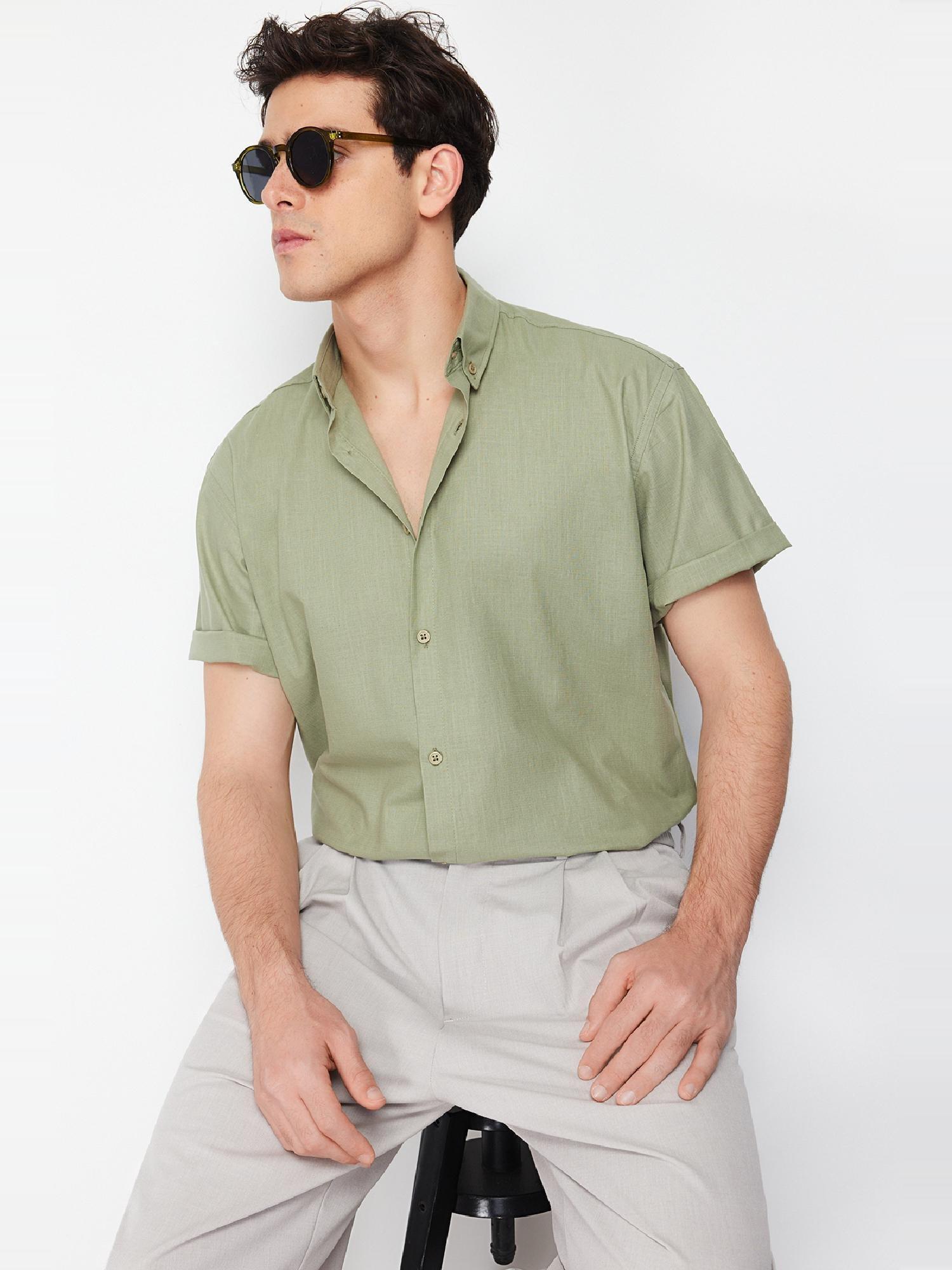Green Oversize Shirt Collar Short Sleeve Shirt, Khaki, large image number 3