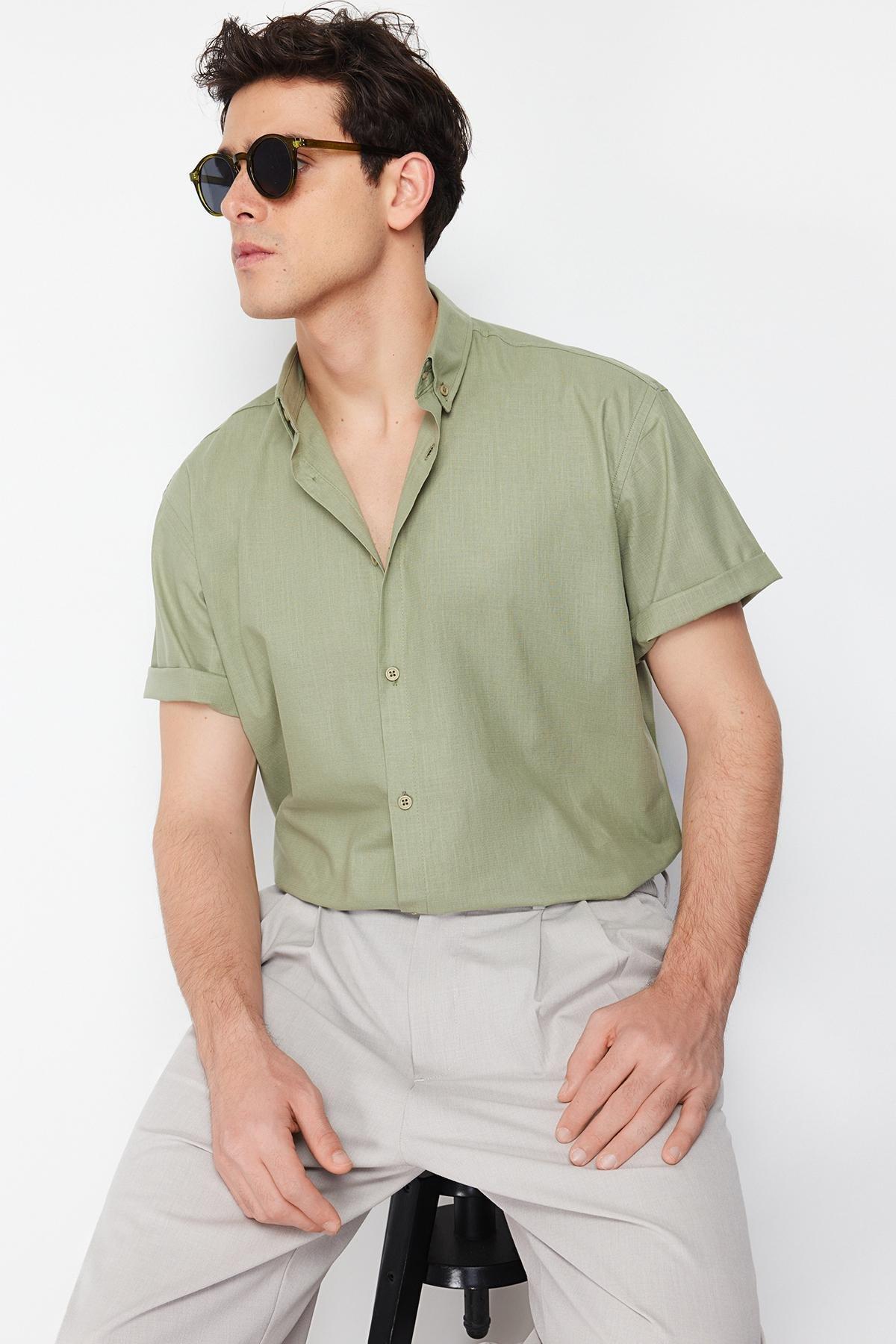 Khaki Oversize Fit Shirt Collar Short Sleeve 100% Cotton Shirt TMNSS24GO00029, single, , large image number 4