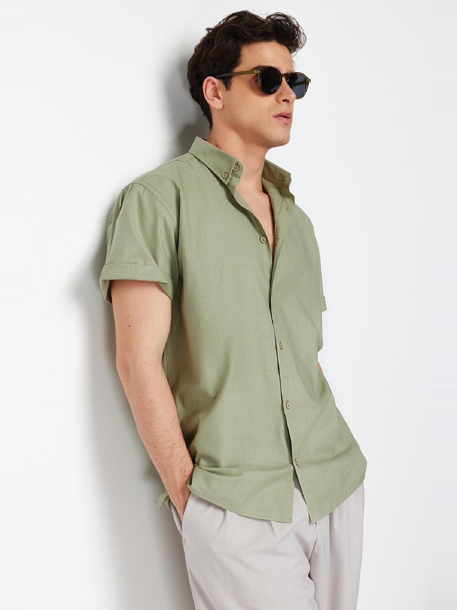 Khaki Oversize Fit Shirt Collar Short Sleeve 100% Cotton Shirt TMNSS24GO00029, single, , large image number 5