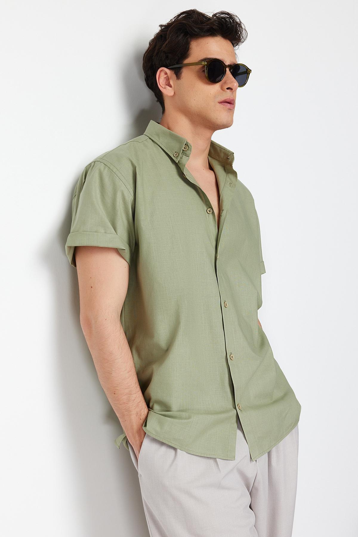 Khaki Oversize Fit Shirt Collar Short Sleeve 100% Cotton Shirt TMNSS24GO00029, single, , large image number 6