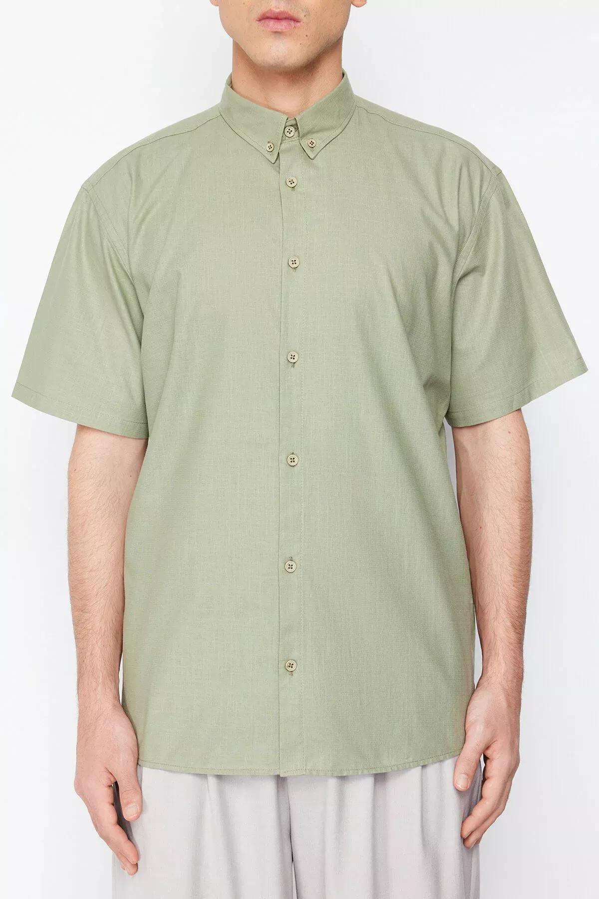 Green Oversize Shirt Collar Short Sleeve Shirt, Khaki, large image number 10