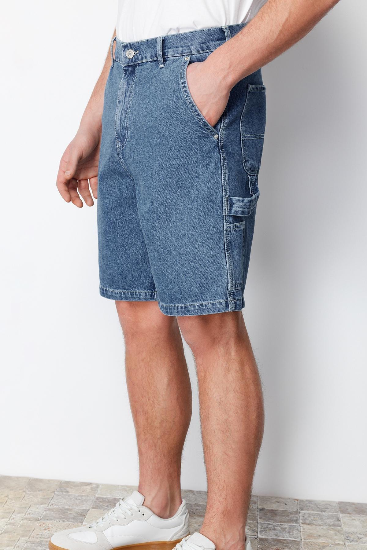 Trendyol - Navy Wide-Fit Carpenter Denim Shorts