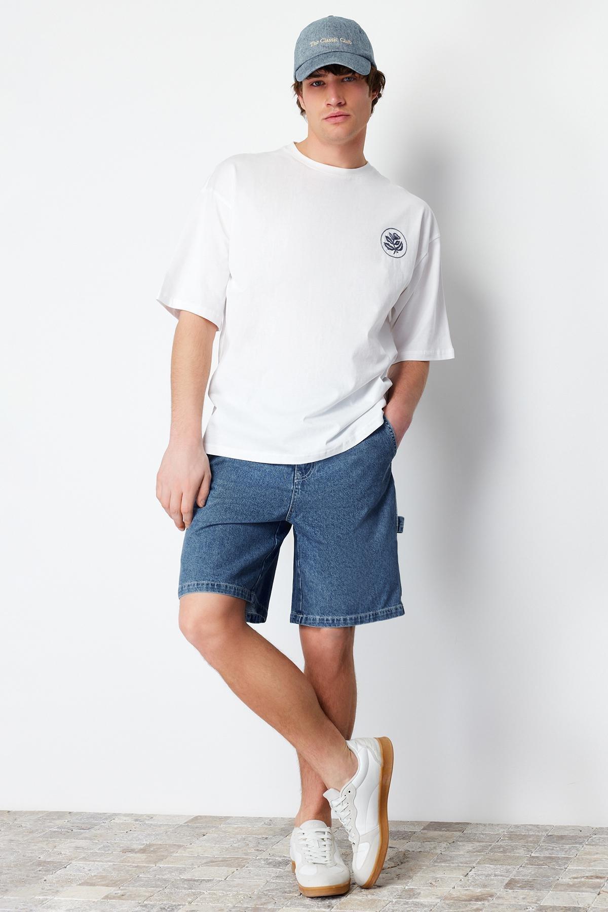 Navy Wide-Fit Carpenter Denim Shorts, C101_1774, large image number 1