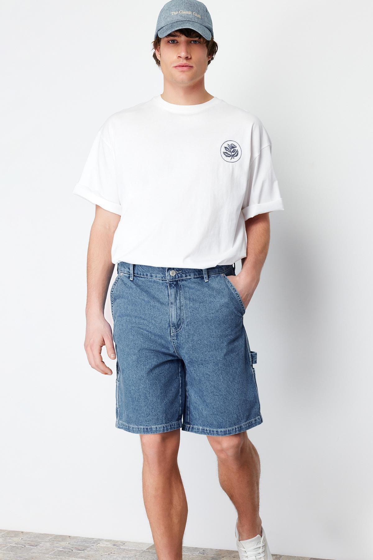 Trendyol - Navy Wide-Fit Carpenter Denim Shorts