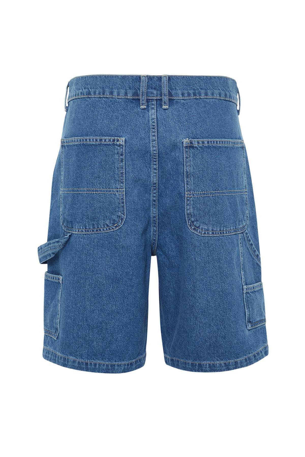 Trendyol - Navy Wide-Fit Carpenter Denim Shorts