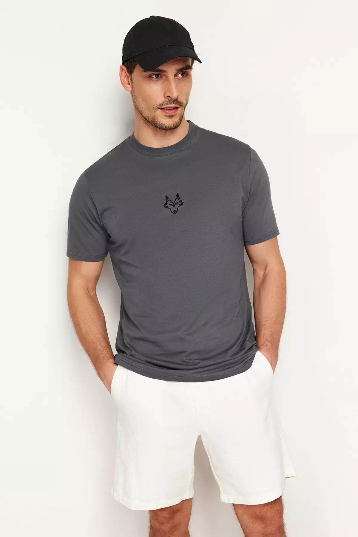Grey Short Sleeve Embroidered T-Shirt, , large image number 0