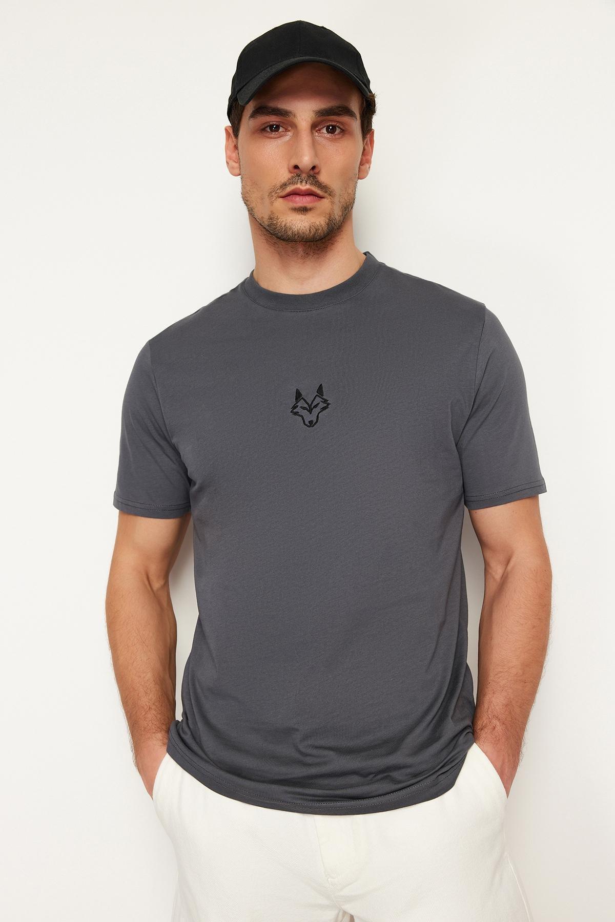 Trendyol - Grey Short Sleeve Embroidered T-Shirt