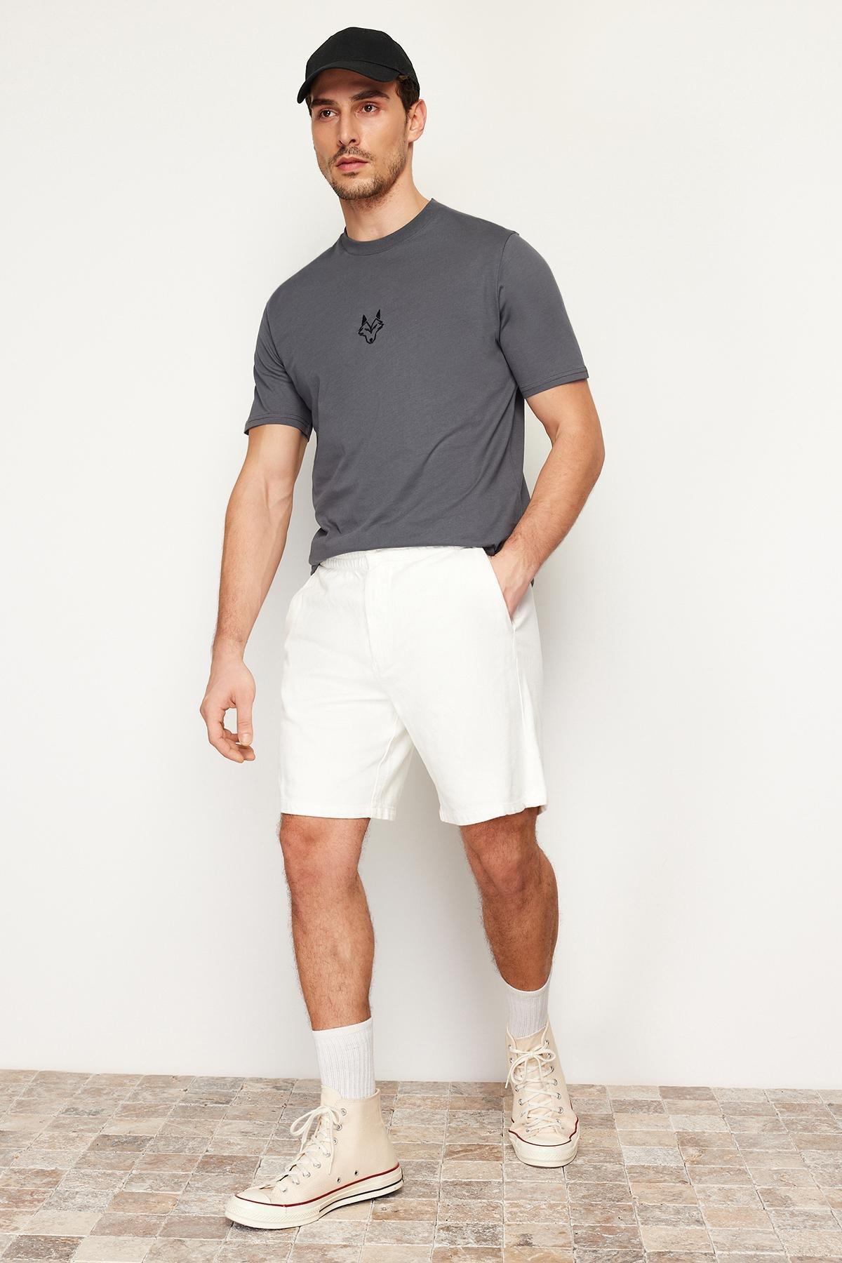 Trendyol - Grey Short Sleeve Embroidered T-Shirt