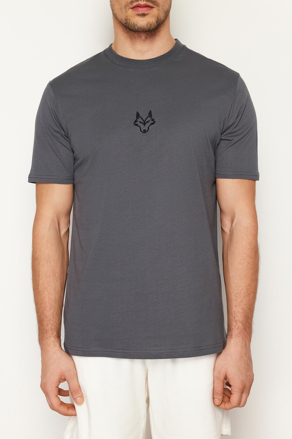 Trendyol - Grey Short Sleeve Embroidered T-Shirt