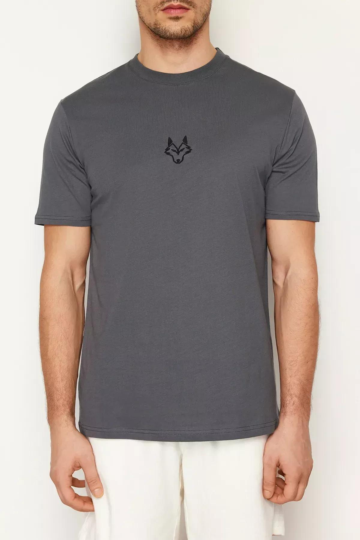 Grey Short Sleeve Embroidered T-Shirt, C101_1435, large image number 5