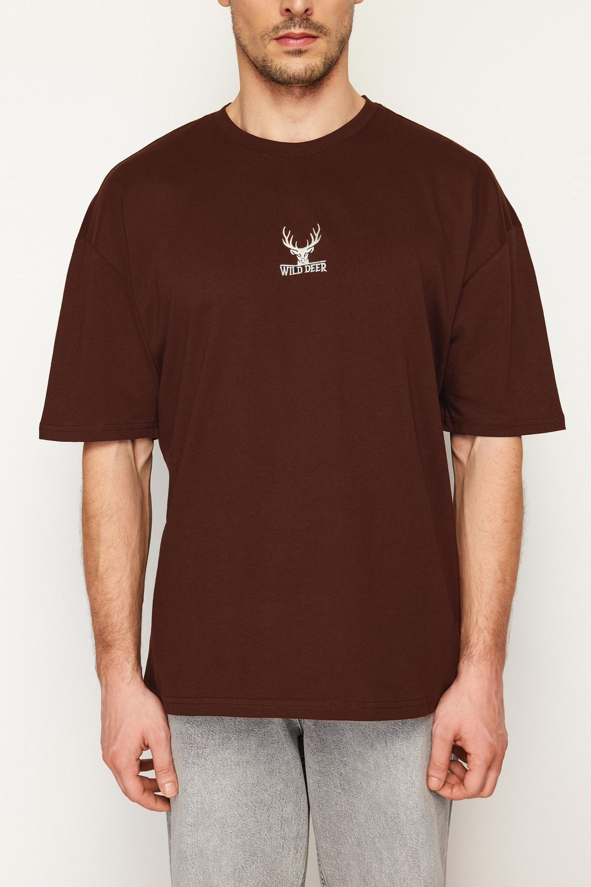 Brown Oversize Deer Embroidered T-Shirt, , large image number 2