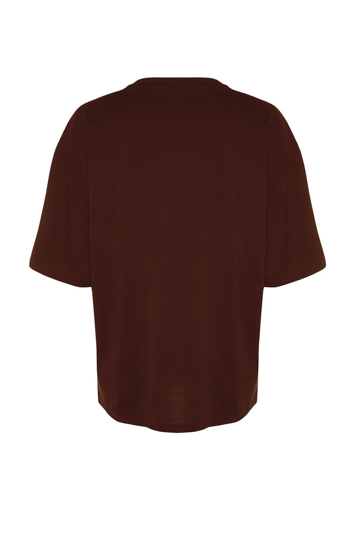 Brown Oversize Deer Embroidered T-Shirt, , large image number 4