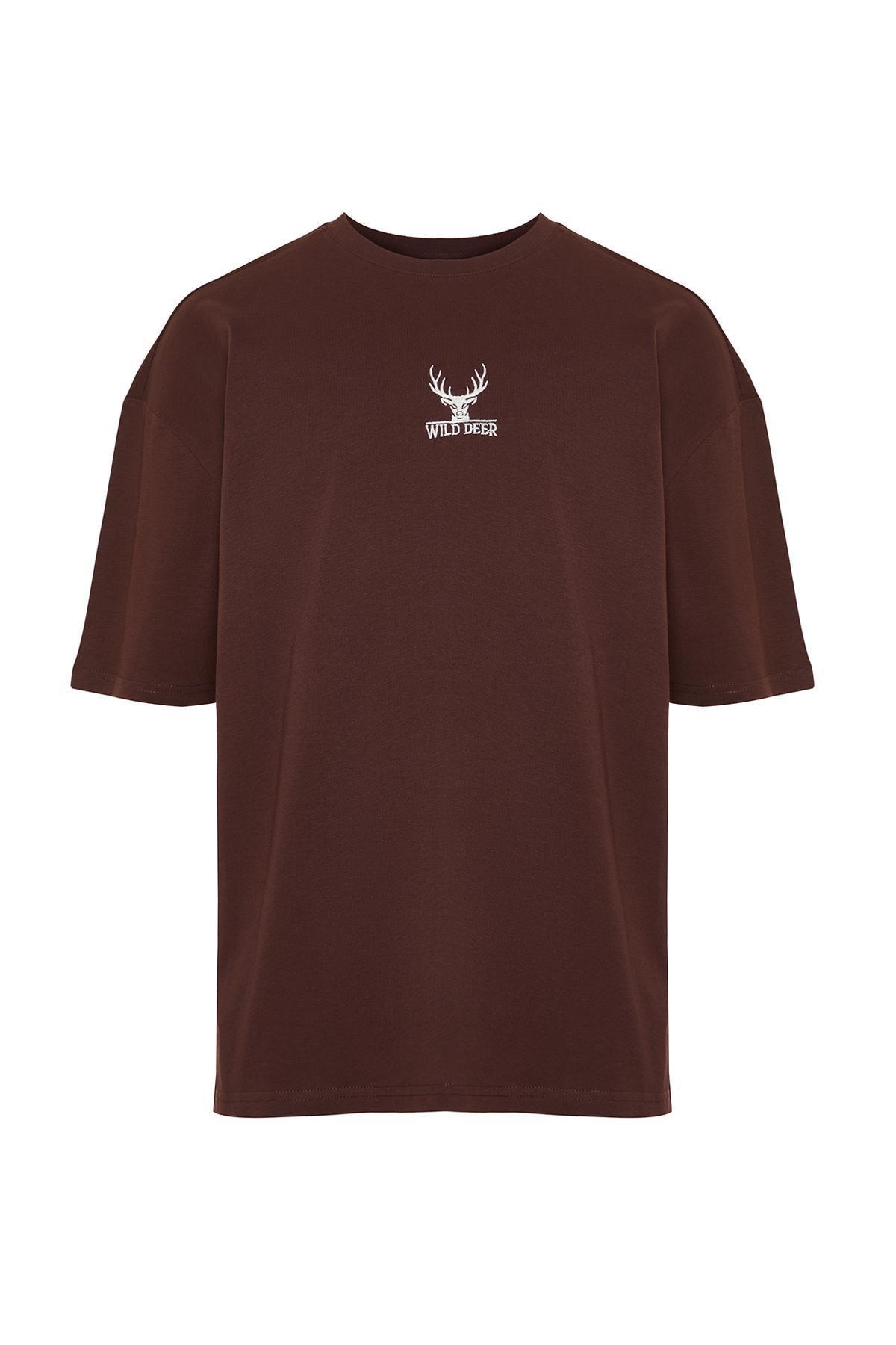 Brown Oversize Deer Embroidered T-Shirt, , large image number 5