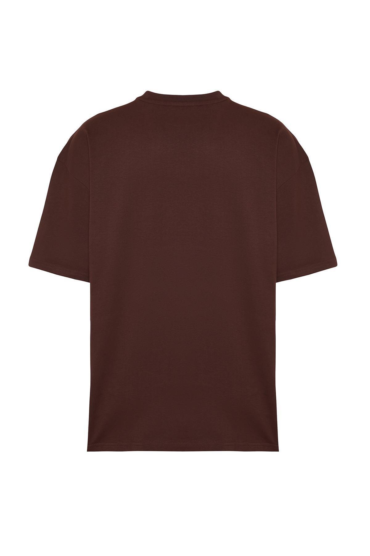 Brown Oversize Deer Embroidered T-Shirt, , large image number 6