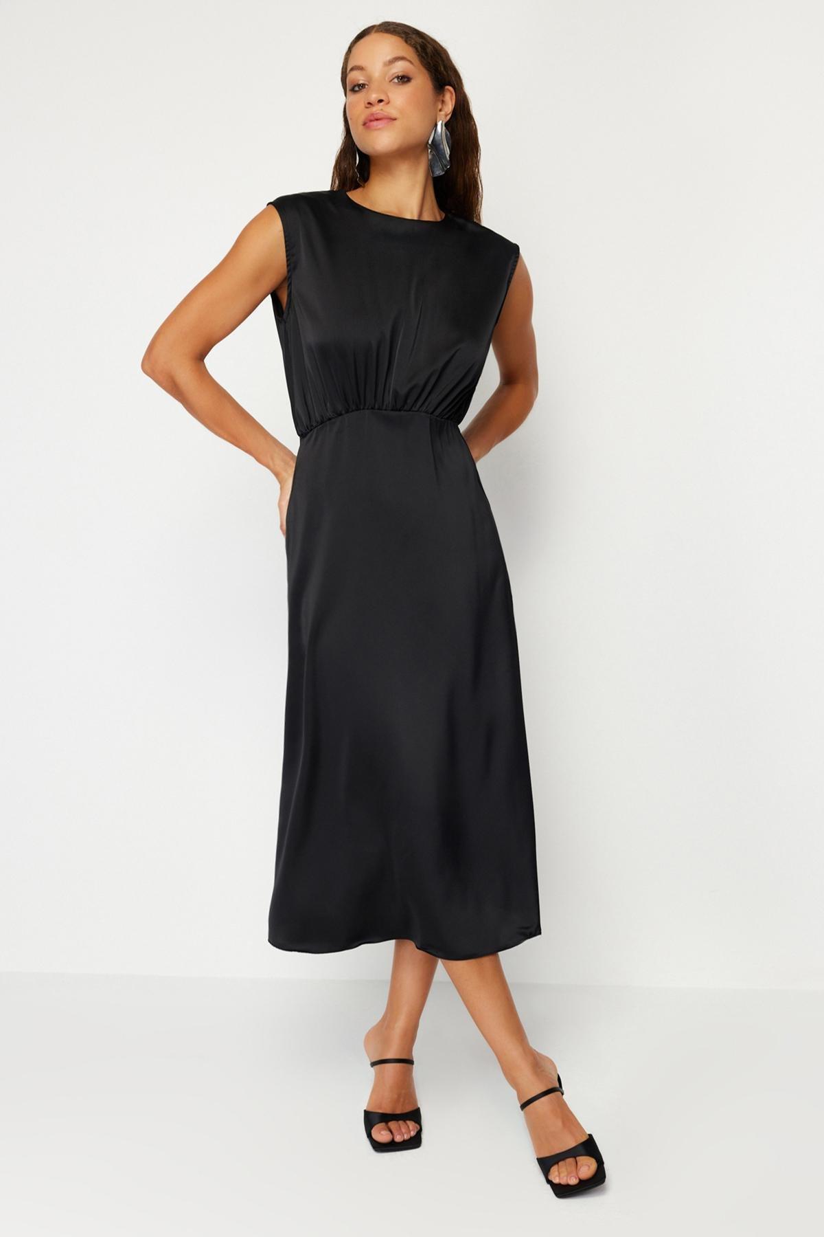 Black Satin Woven Elegant Evening Dress, , large image number 0