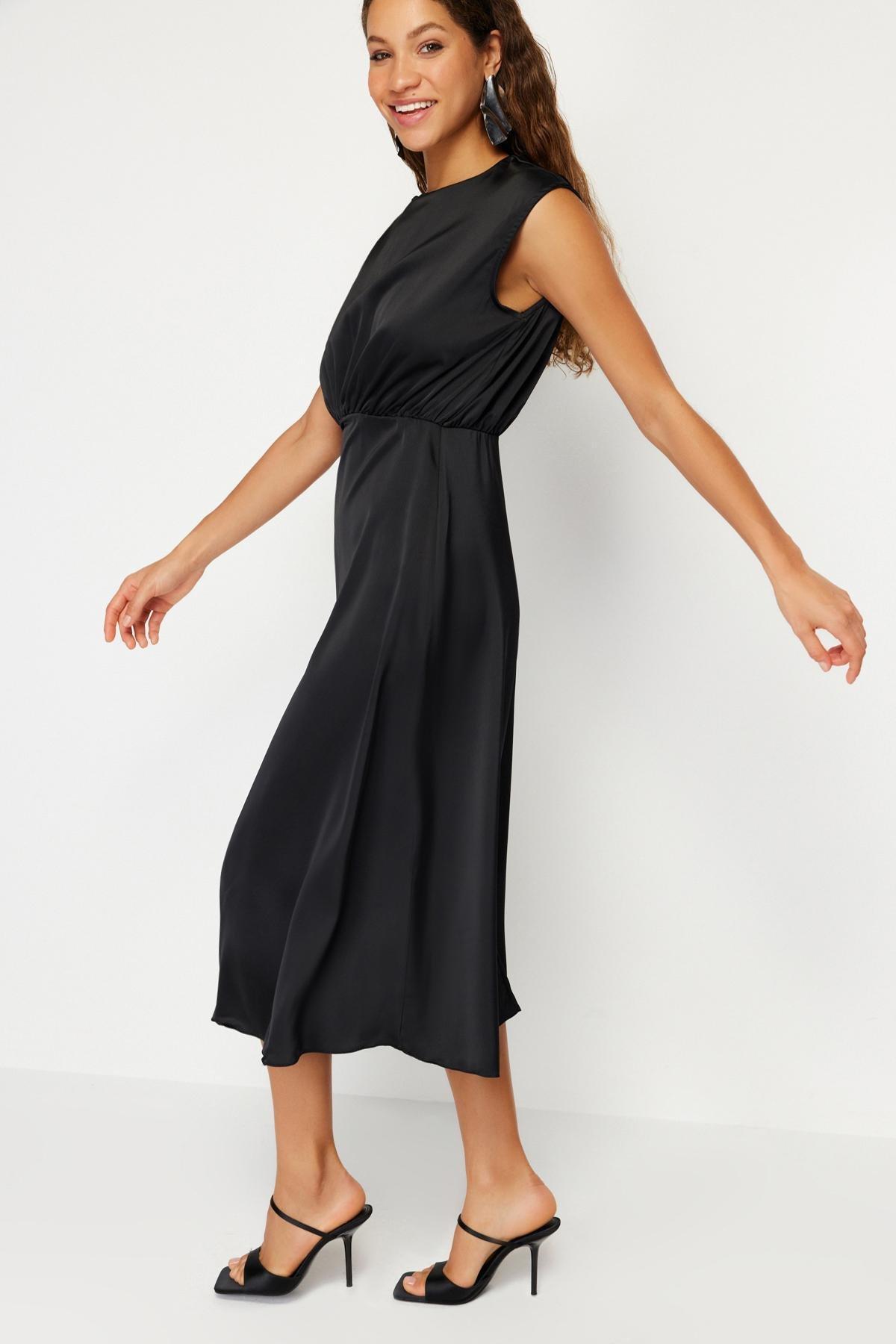 Black Satin Woven Elegant Evening Dress, , large image number 1