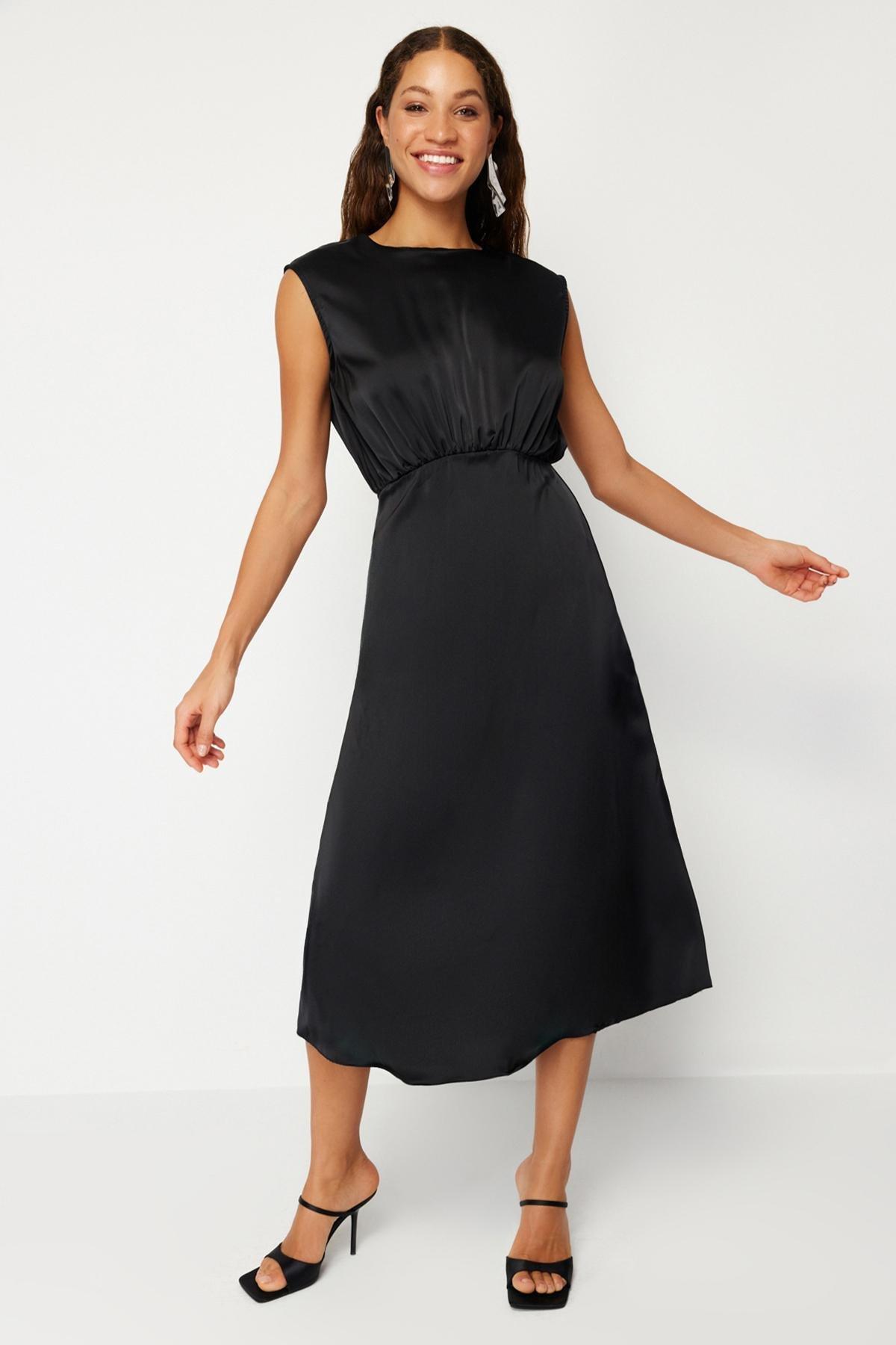 Black Satin Woven Elegant Evening Dress, , large image number 2