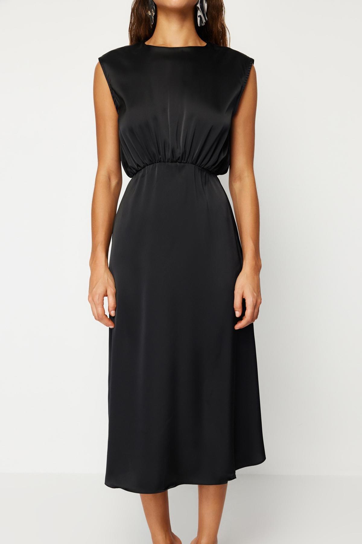 Black Satin Woven Elegant Evening Dress, , large image number 3