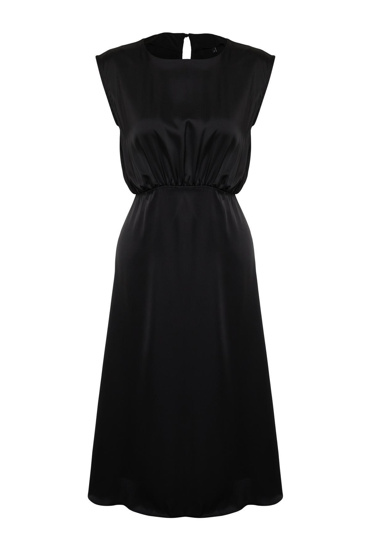 Black Satin Woven Elegant Evening Dress, , large image number 5
