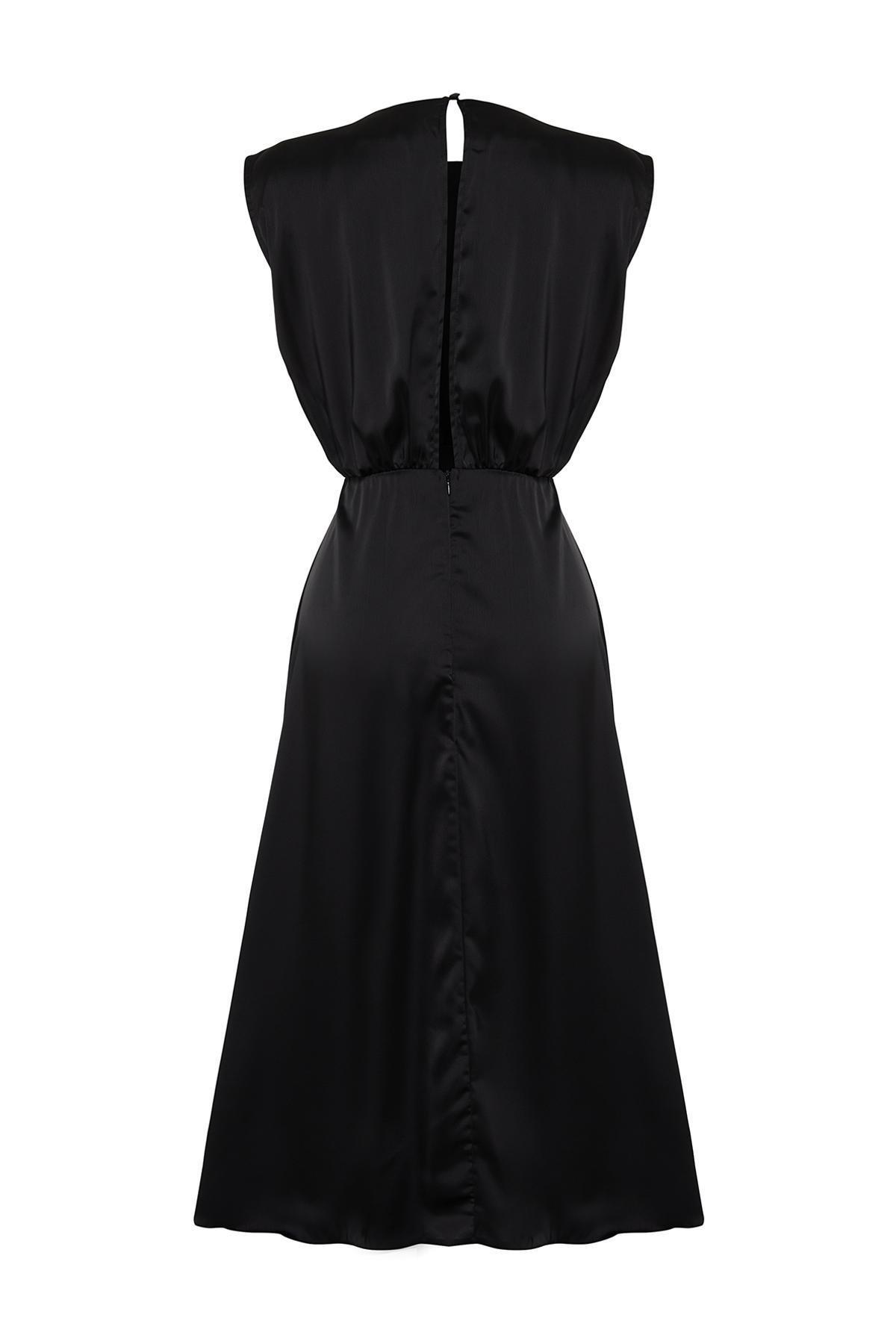 Black Satin Woven Elegant Evening Dress, , large image number 6