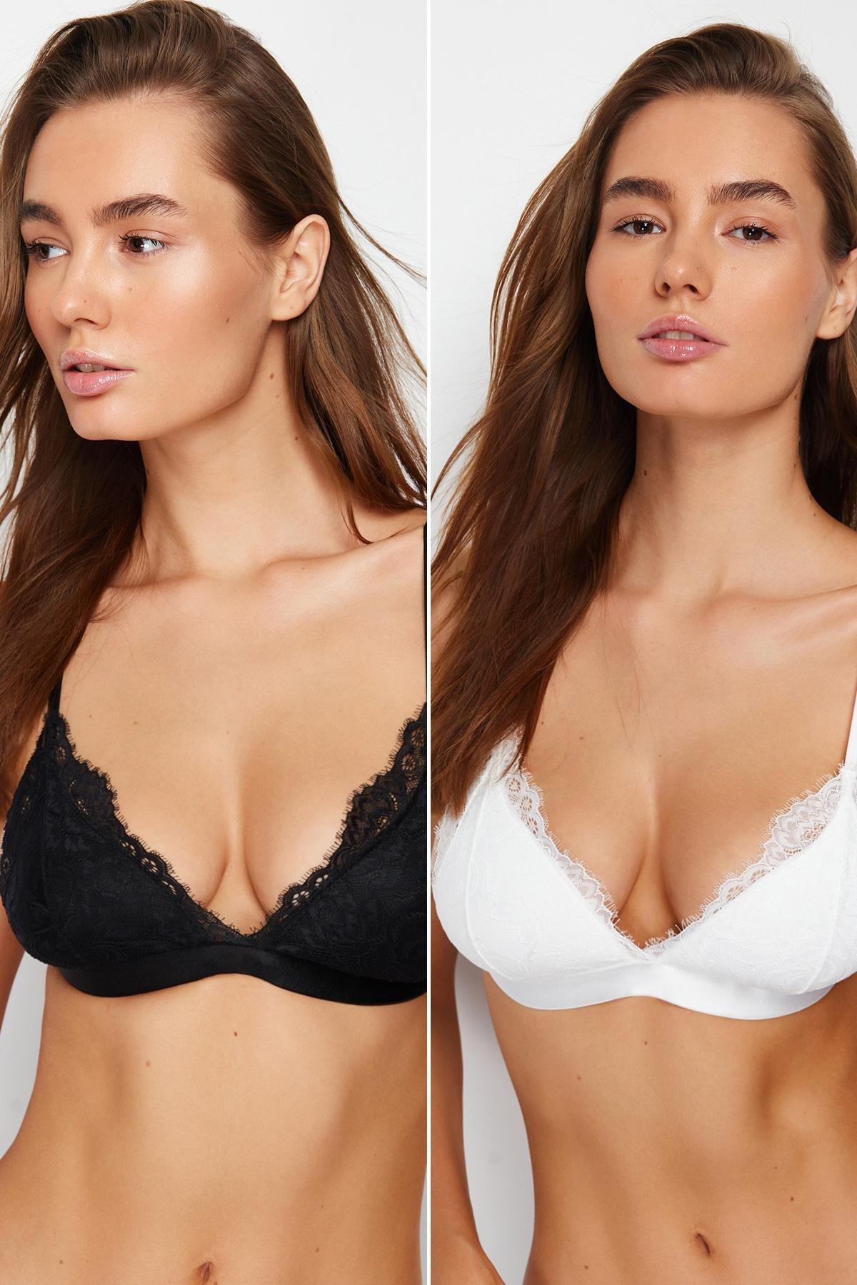 Black-White 2-Pack Lace Rope Strap Non-wired Cupped Bralette Knitted Bra THMSS24SU00016, 2s, , large image number 0