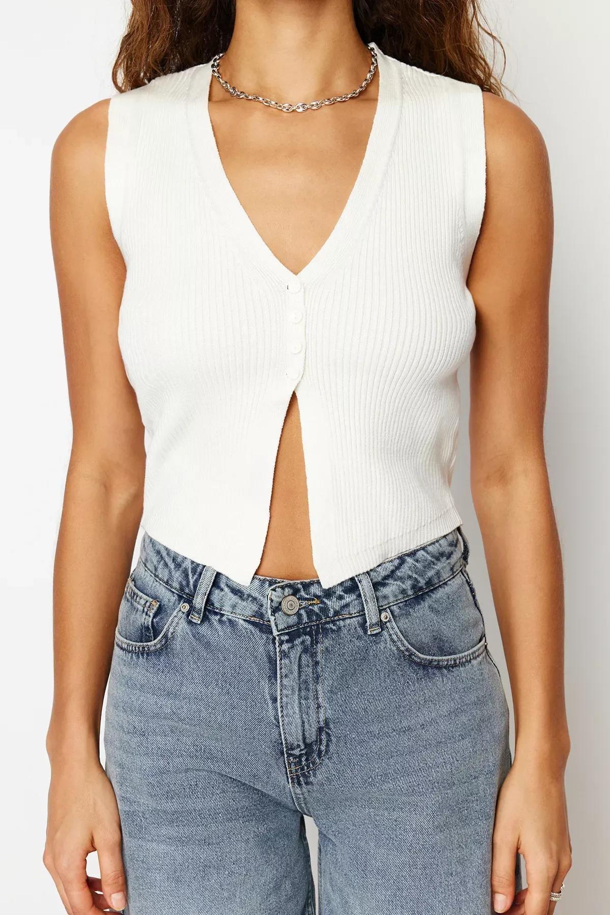 Ecru Limited Edition Crop Top Knitwear Blouse, Ecru, large image number 4