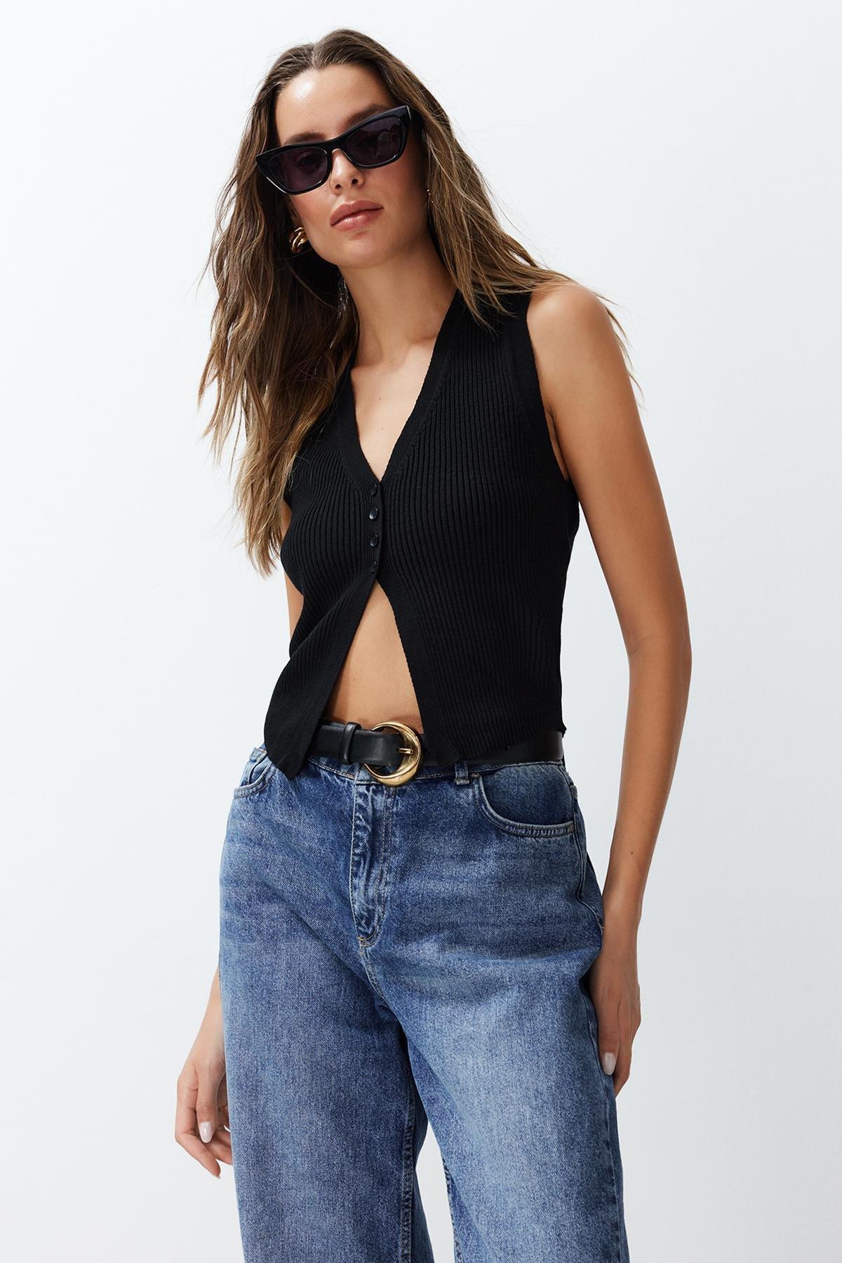 Black Crop Premium/ Special Yarn Top Knitwear Blouse TWOSS24BZ00258, , large image number 0