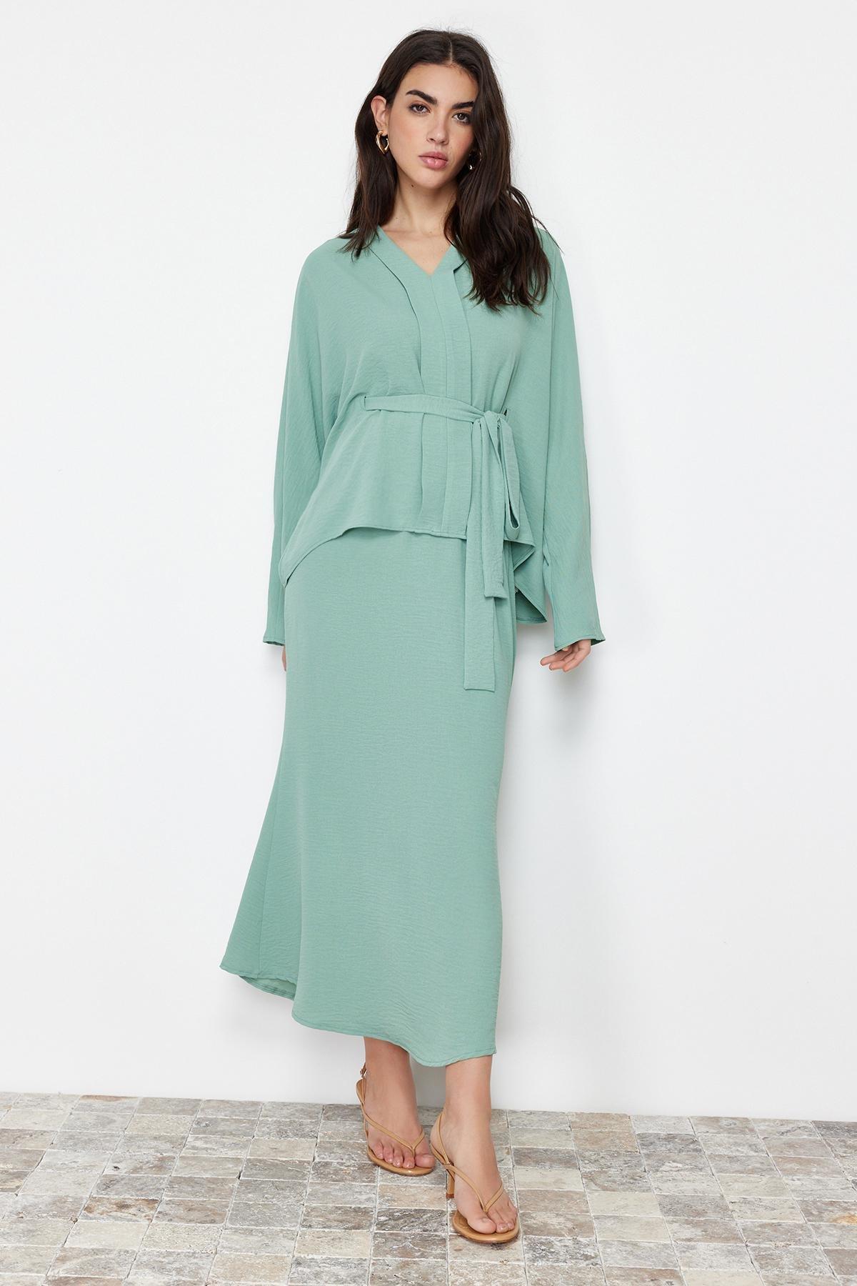 Khaki Tie Detailed Woven Co-Ord Set, , large image number 0