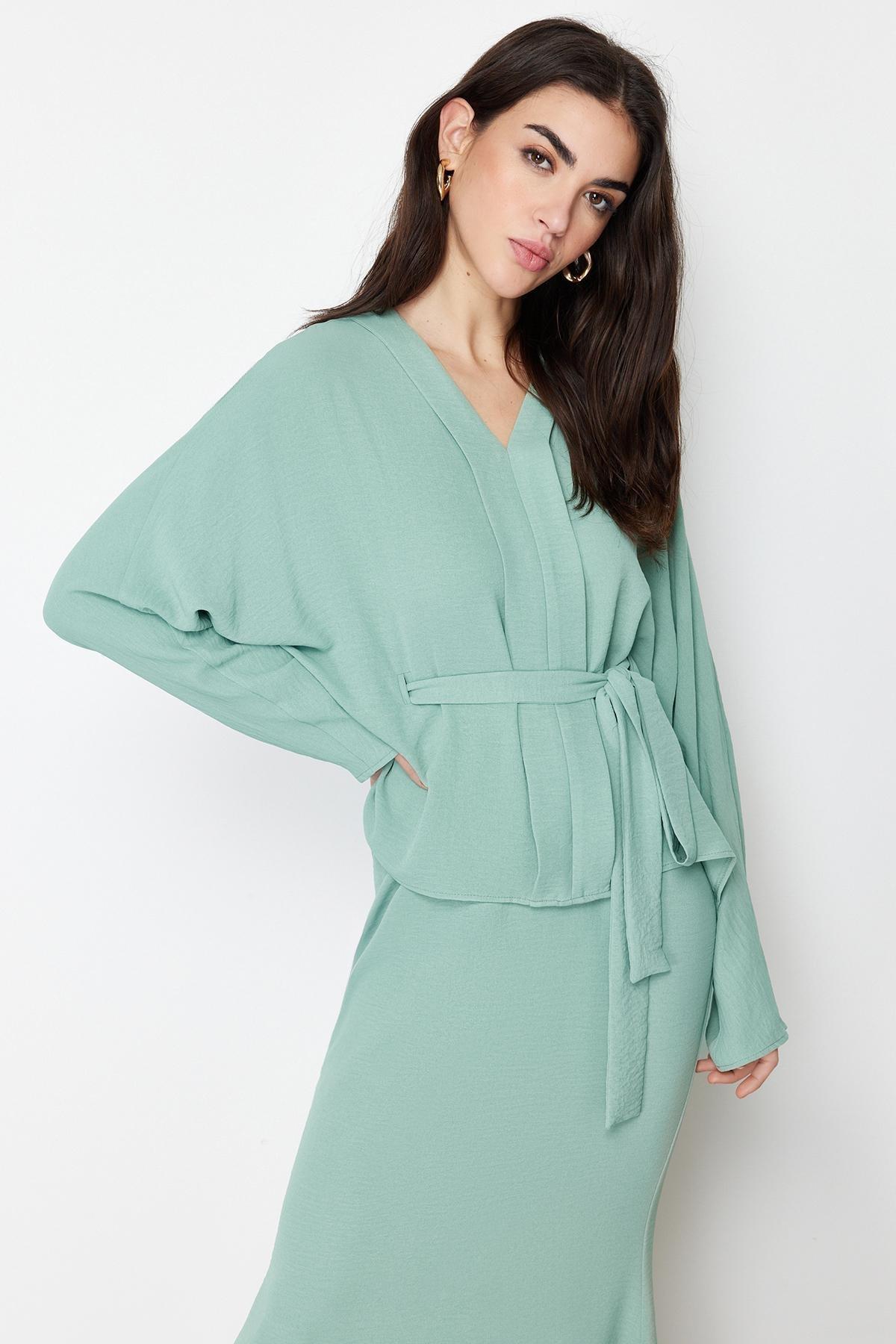 Khaki Tie Detailed Woven Co-Ord Set, , large image number 1