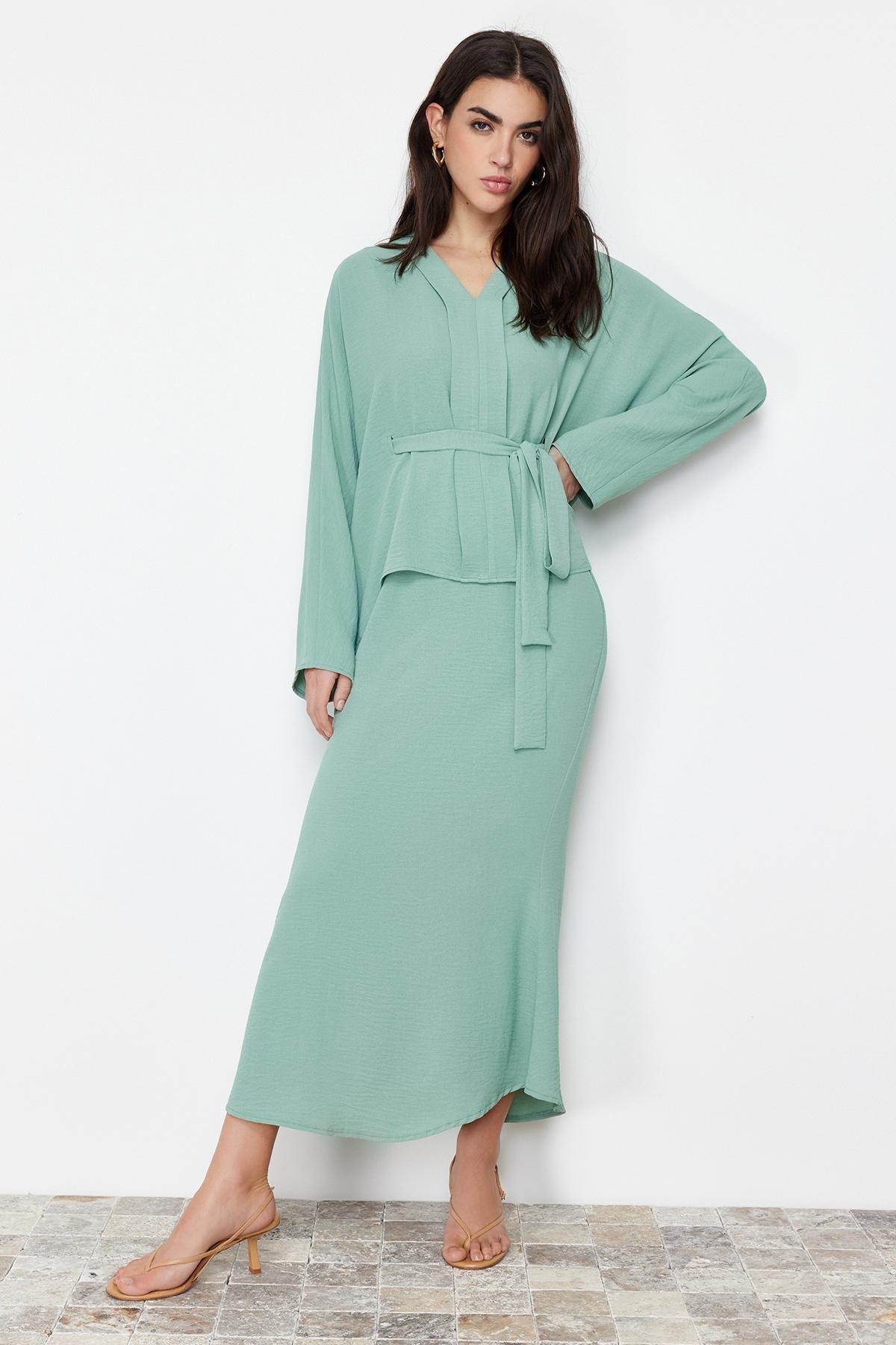Khaki Tie Detailed Woven Co-Ord Set, , large image number 2
